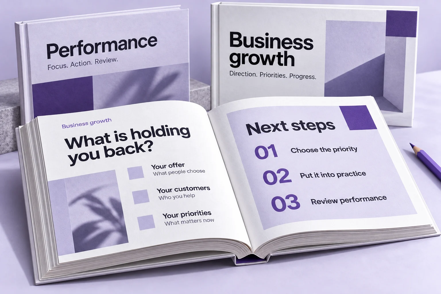 Illustrative coaching books on business growth and performance, with a next-steps spread: choose the priority, put it into practice, review performance.