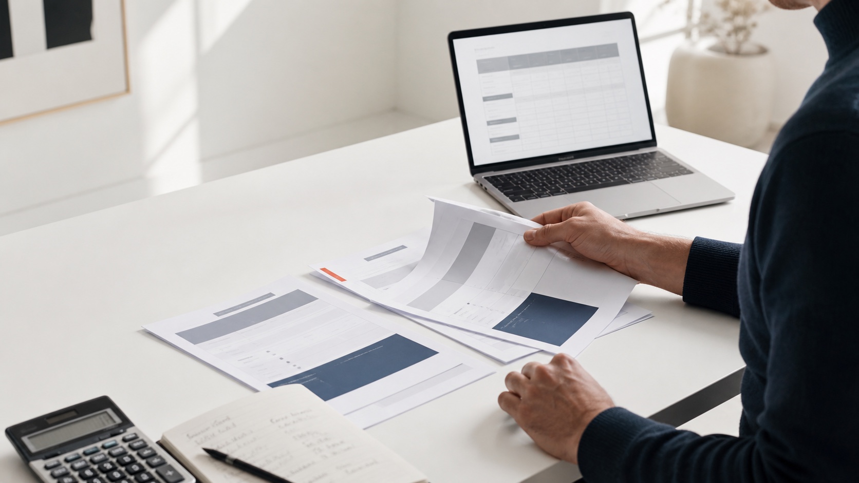 Business owner comparing agency scope, cost, and break-even requirements at a desk