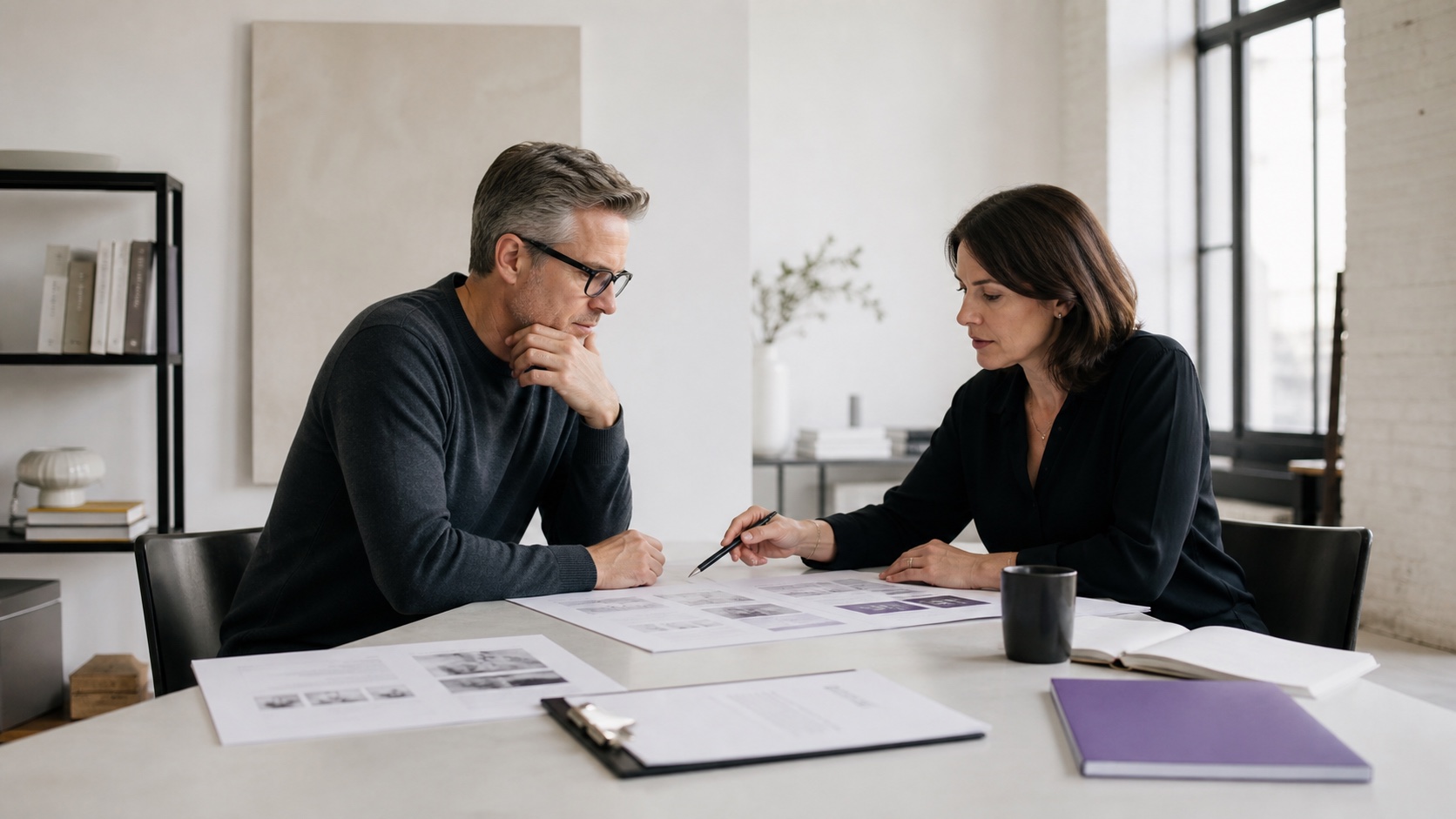 Business owner and marketing operator comparing proposal evidence at a working table