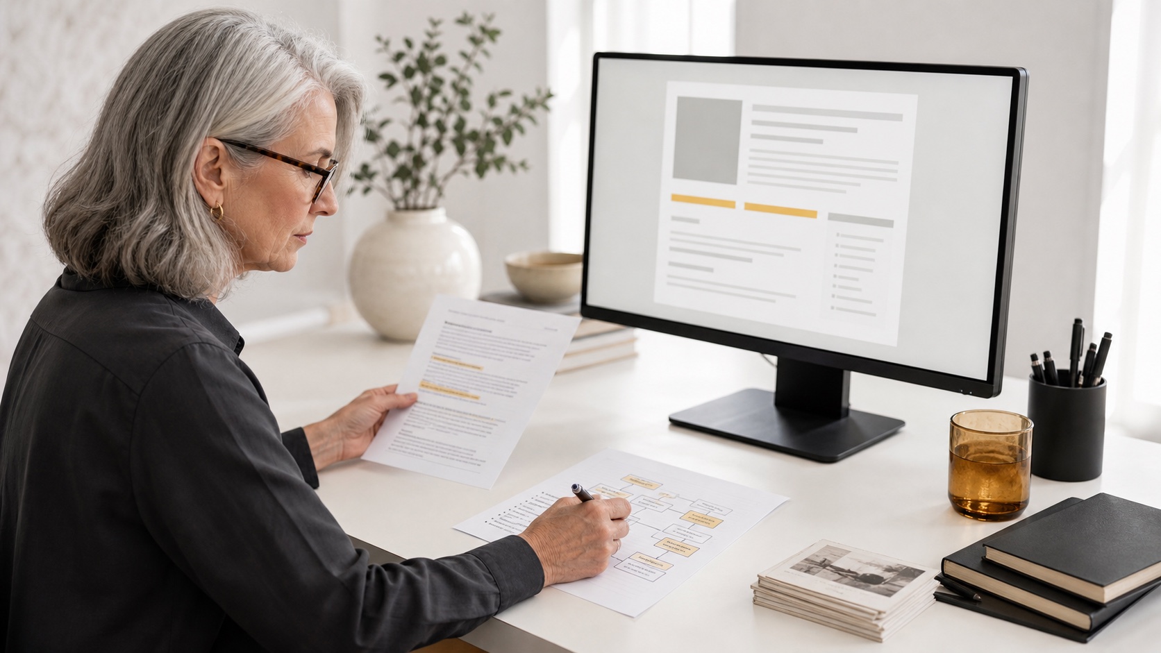Content strategist reviewing a webpage and source notes for AI search citation readiness