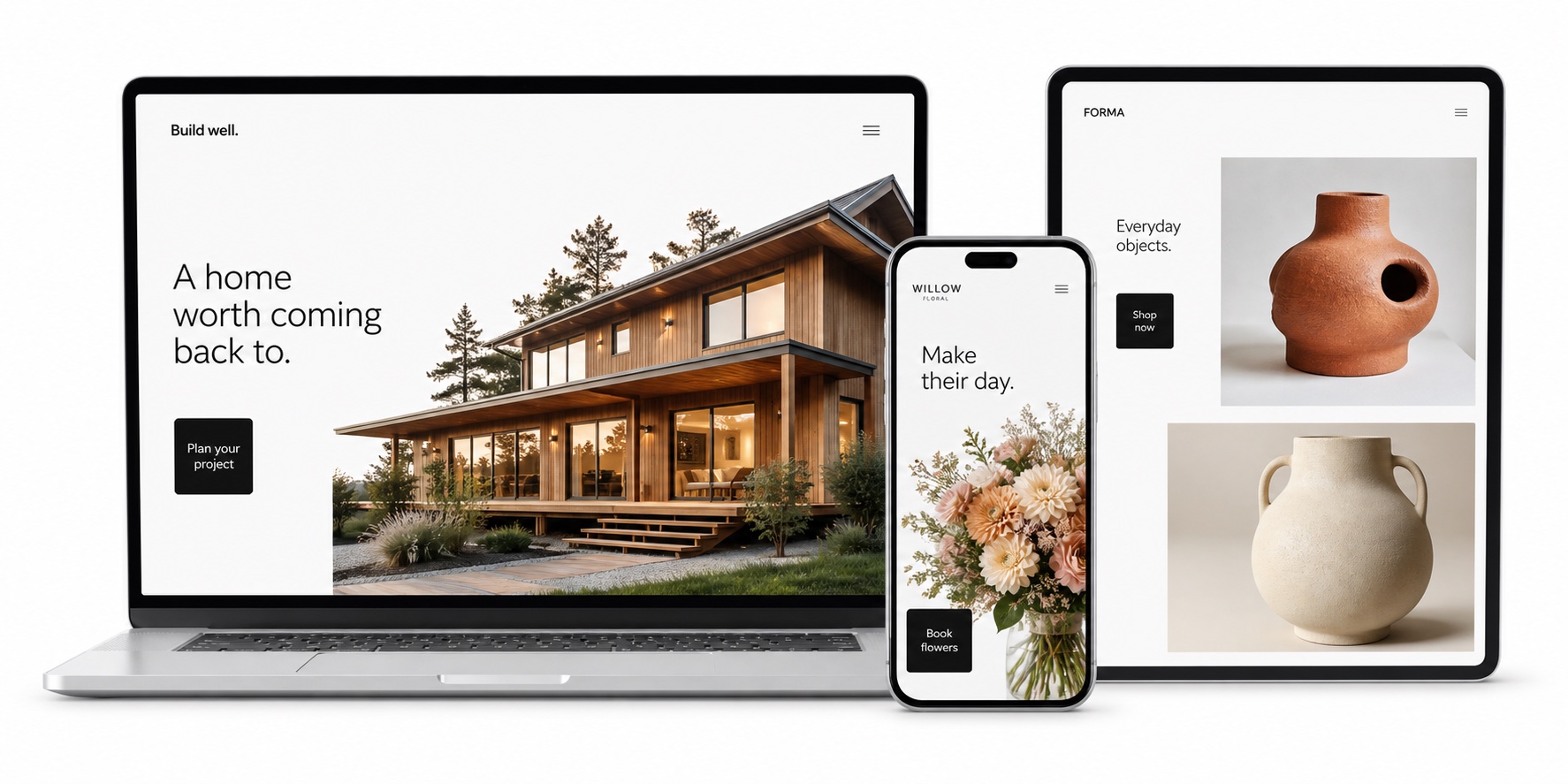 Illustrative contractor, online store, and florist websites shown on a laptop, tablet, and phone.