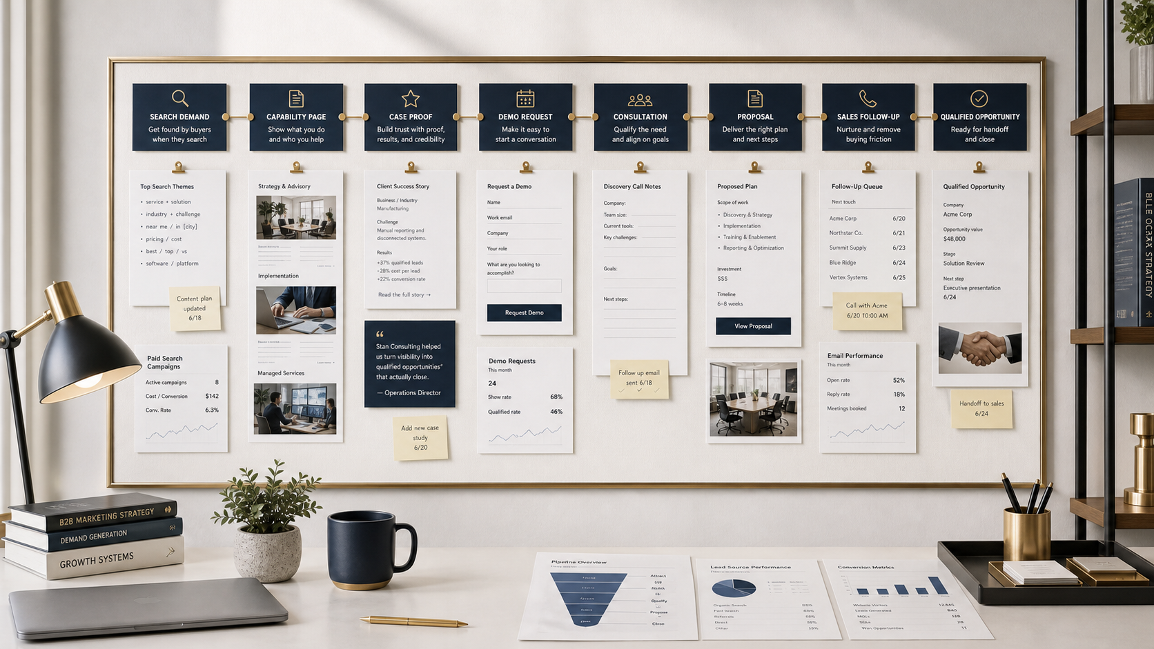 B2B service company marketing pipeline with search demand, landing pages, qualified conversations, proposals, and reporting.