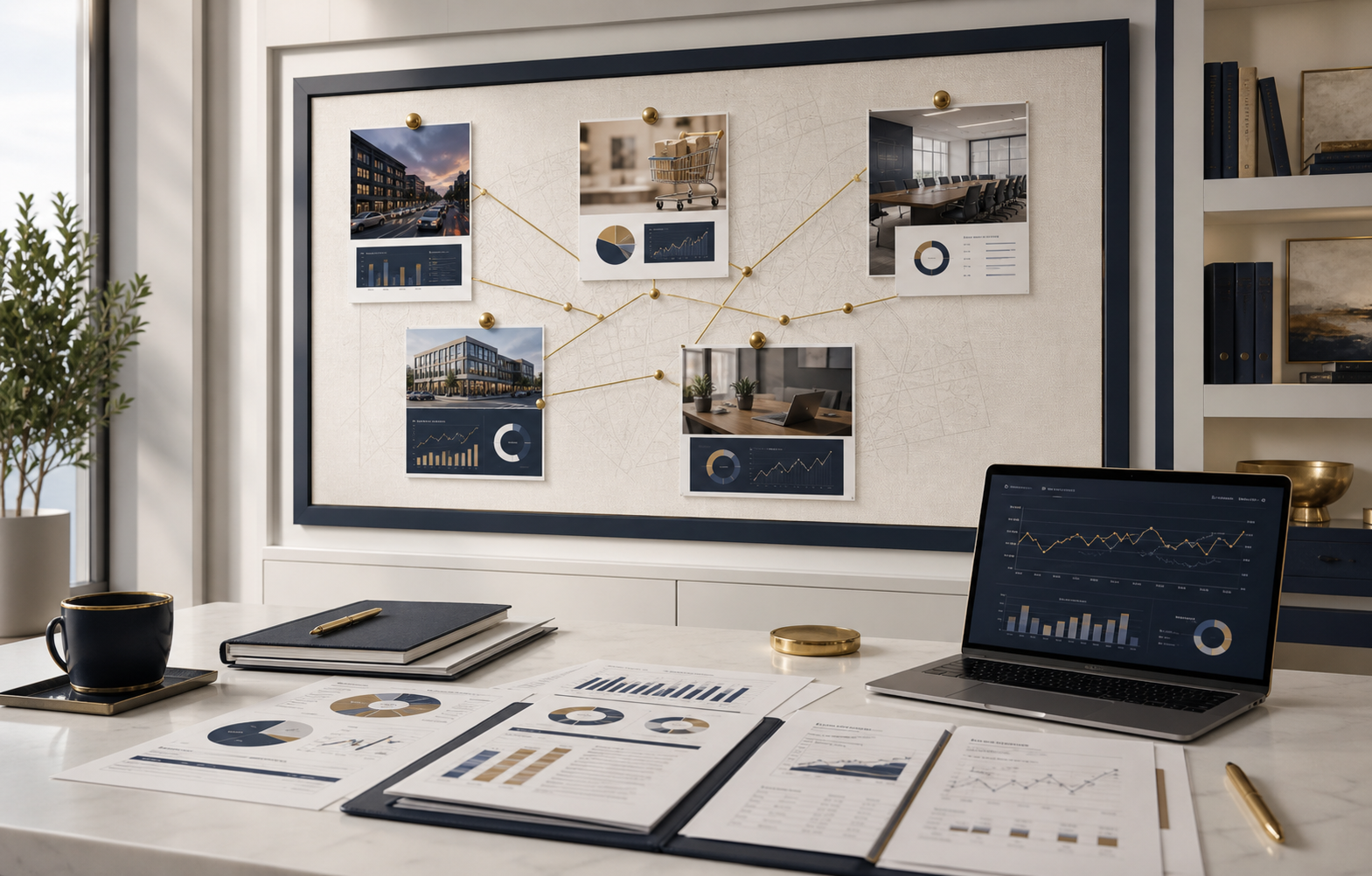 Marketing planning wall with campaign reports, sales goals, and performance dashboards.