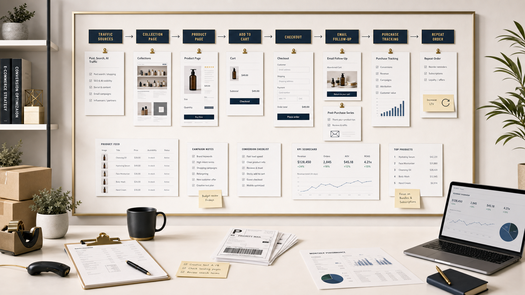 Ecommerce marketing revenue path with paid traffic, product pages, checkout, email follow-up, orders, and reporting.