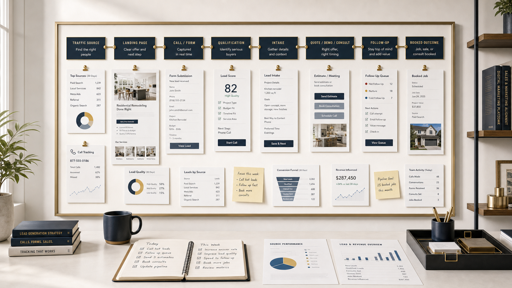 Lead generation business marketing path with ads, landing pages, forms, calls, qualification, follow-up, and reporting.