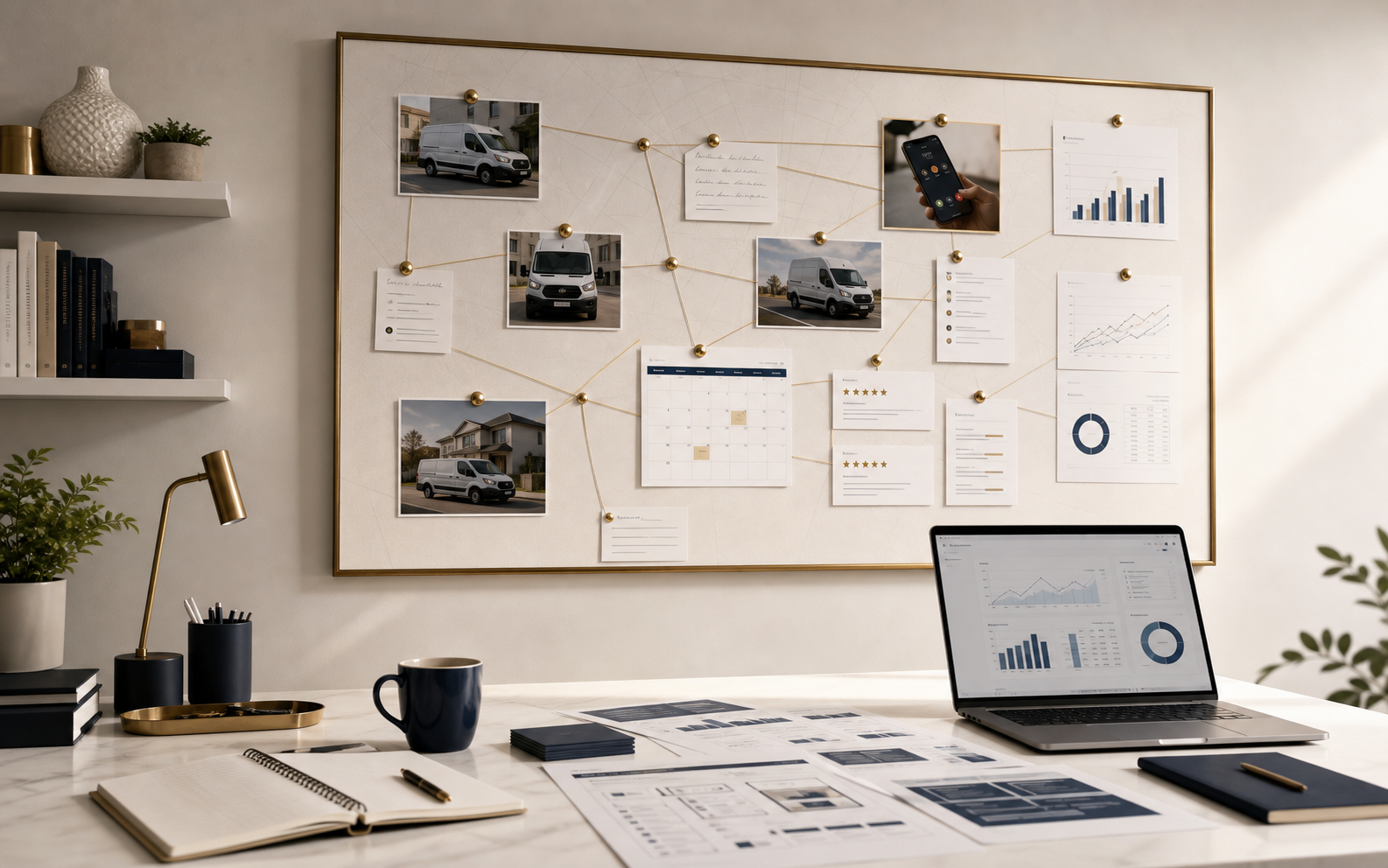 Local service business marketing workspace with service vans, call tracking, booking calendar, and campaign reports.