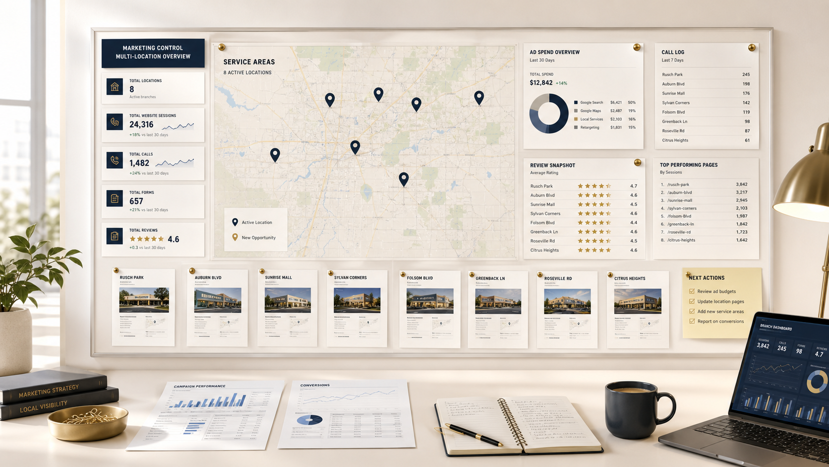Multi-location business marketing control room with location pages, local ads, visibility, calls, reporting, and market status.