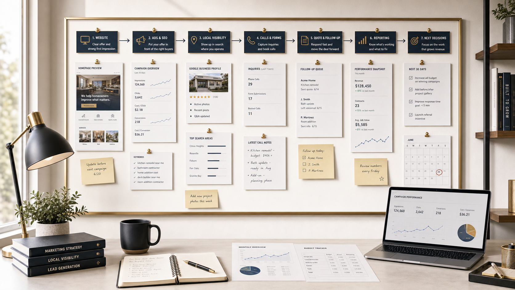 Owner-led business marketing control desk with campaign notes, website pages, lead sources, calls, reporting, and next-step decisions.