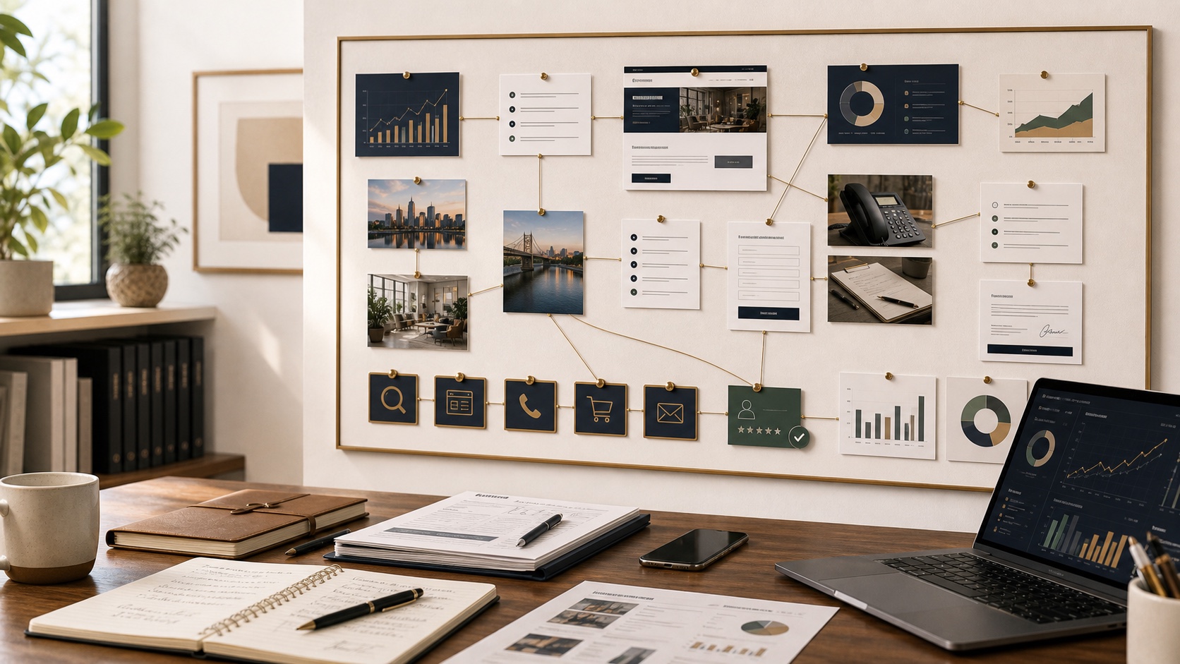 Owner-led business marketing workbench showing Google Ads, landing pages, SEO and AI visibility, reporting, calls, quote requests, booked work, orders, and follow-up.