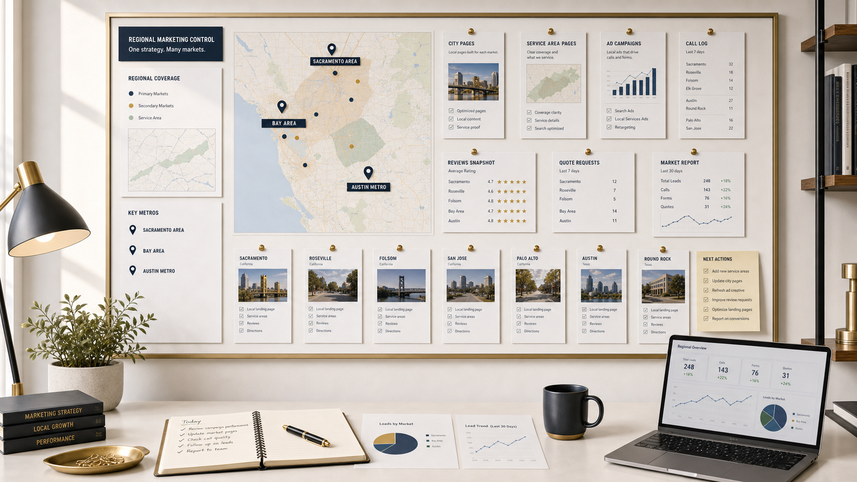 Regional business marketing coverage map with city pages, service areas, paid search, local visibility, calls, and market reporting.