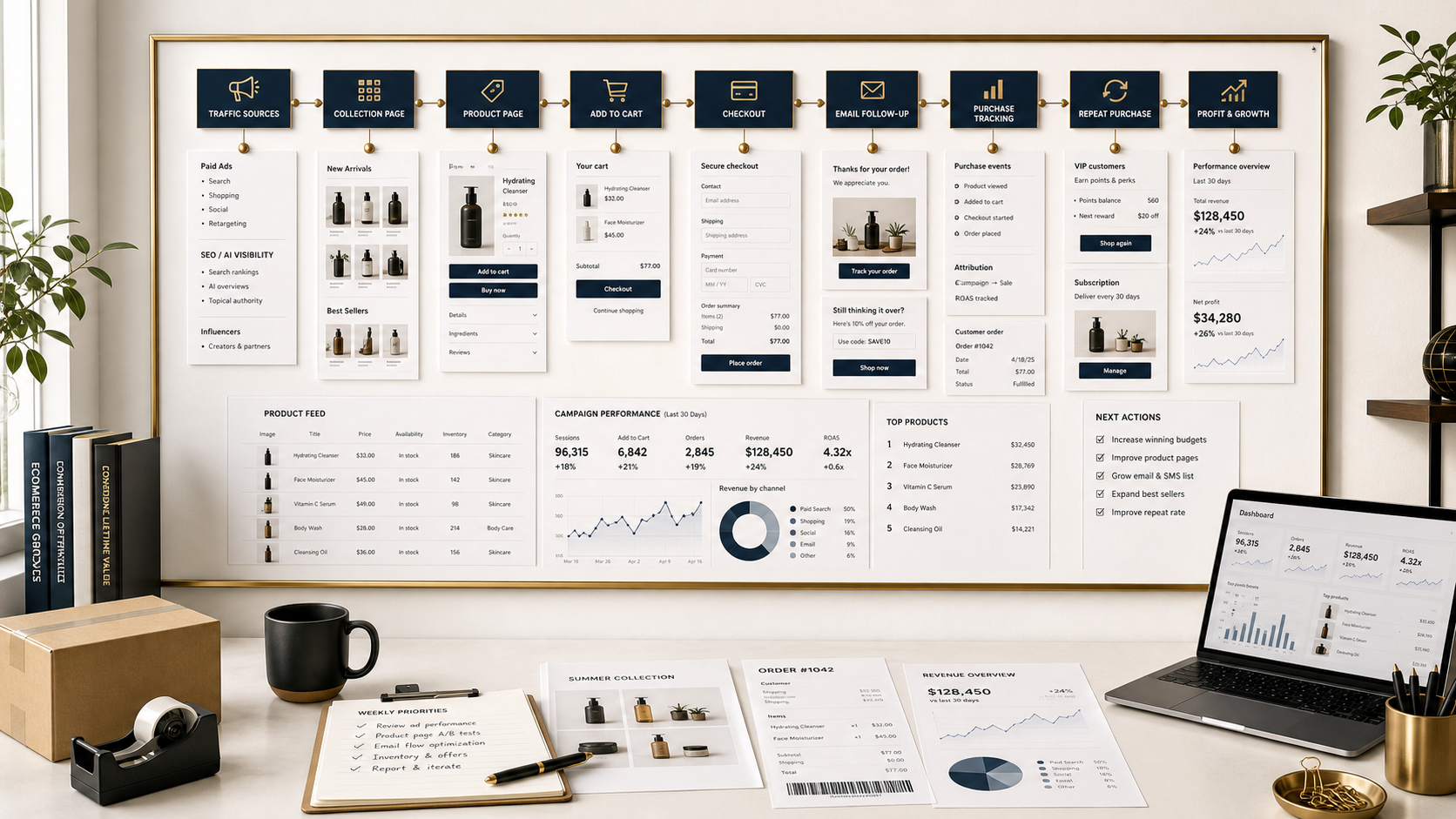 Shopify business marketing revenue path with campaigns, product pages, checkout, Klaviyo email, orders, and reporting.