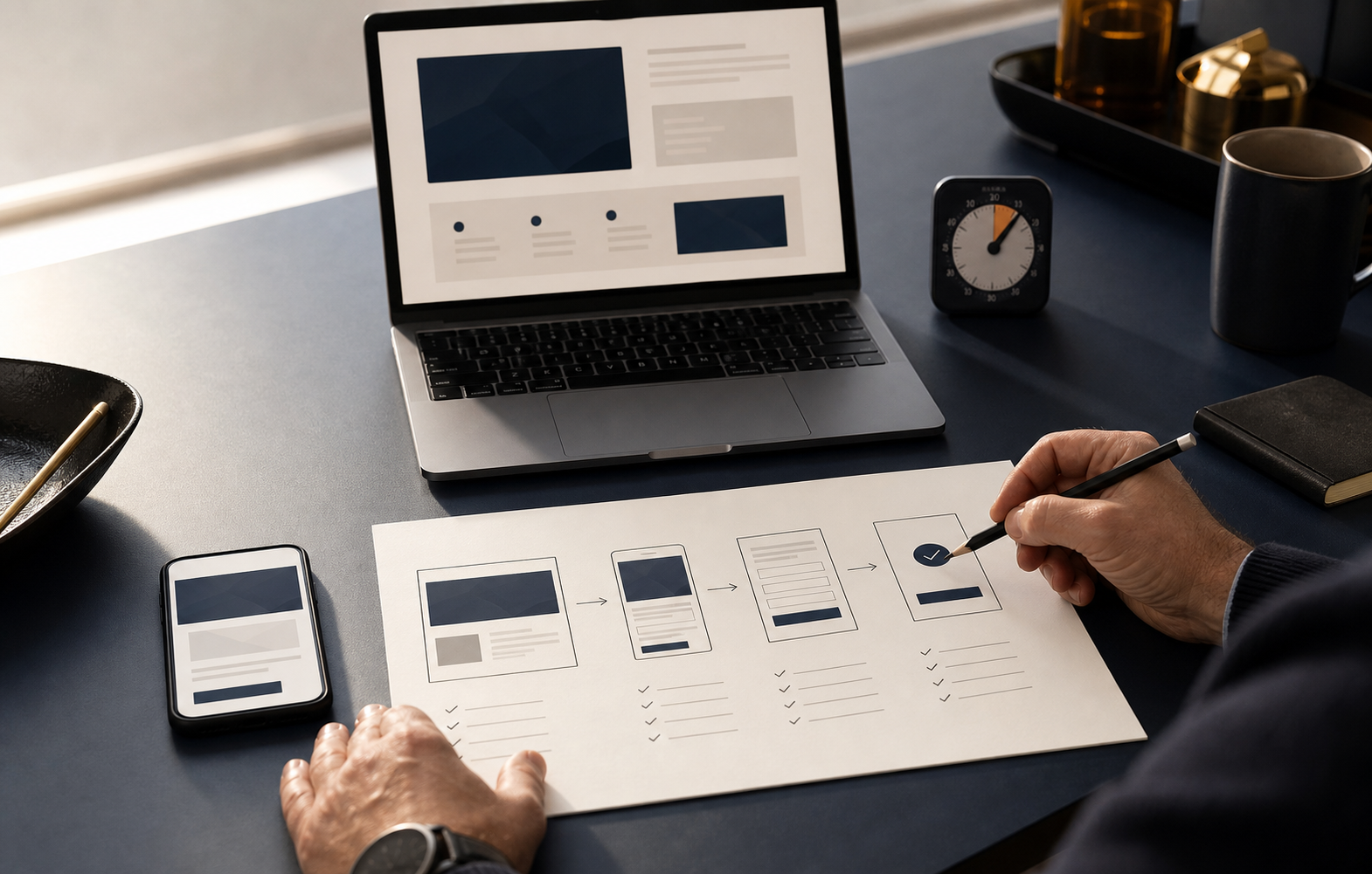 Marketing operator checking a landing page across desktop, mobile, form, and confirmation steps