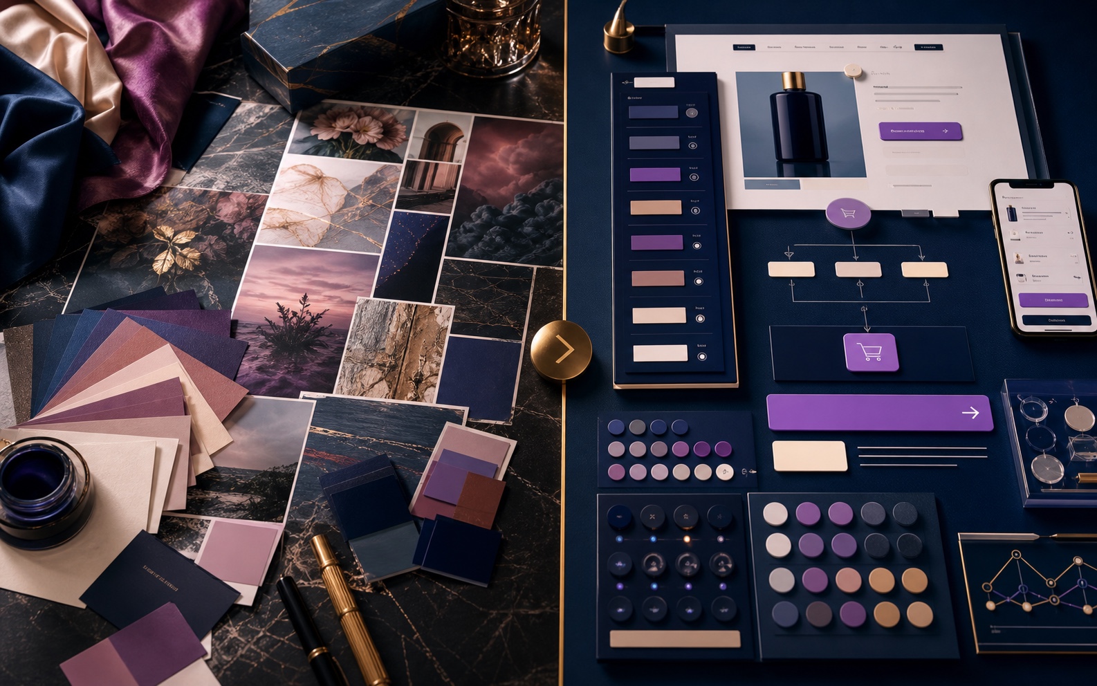 Premium split visual comparing expressive brand palette with disciplined conversion color system