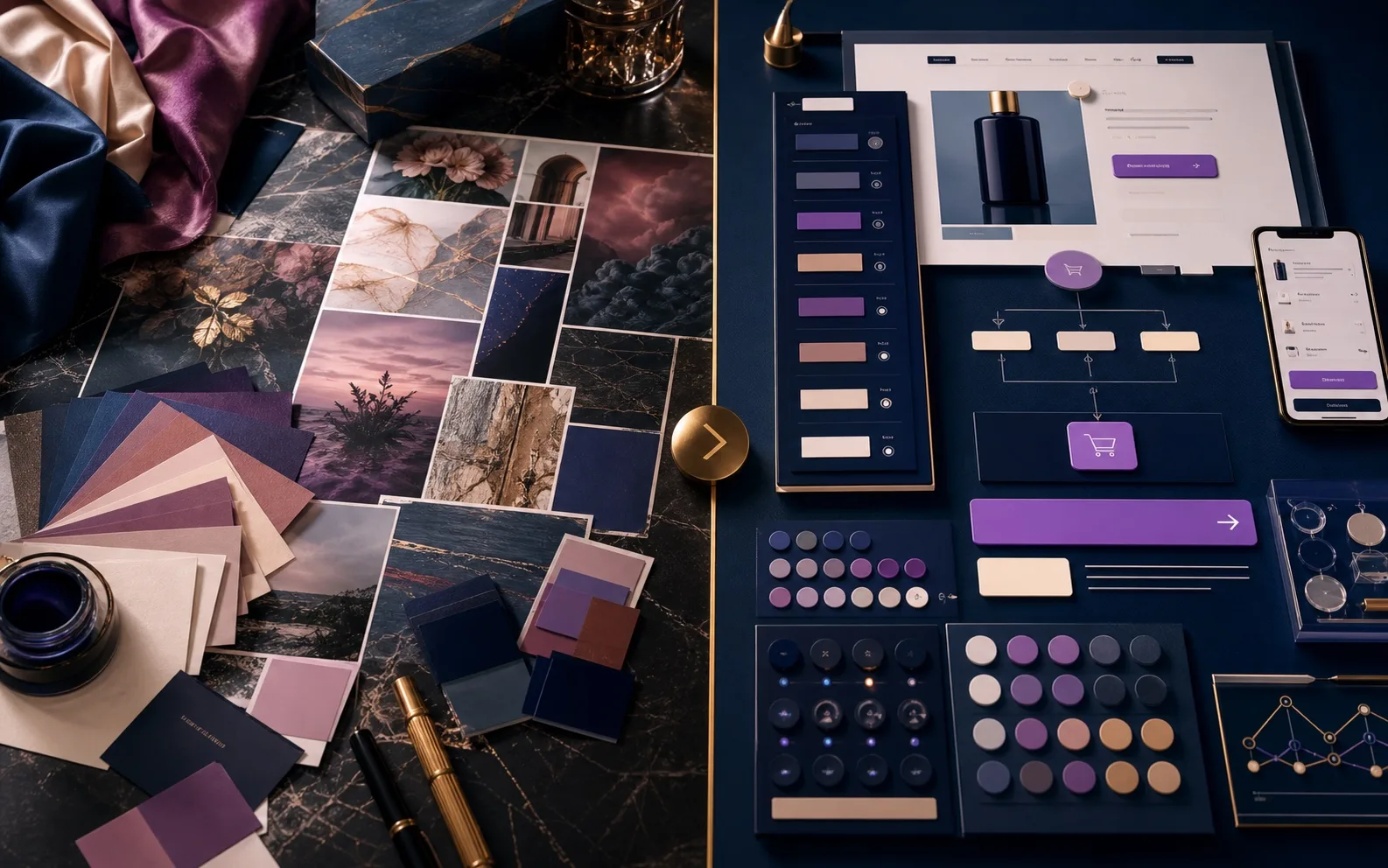 Premium split visual comparing expressive brand palette with disciplined conversion color system