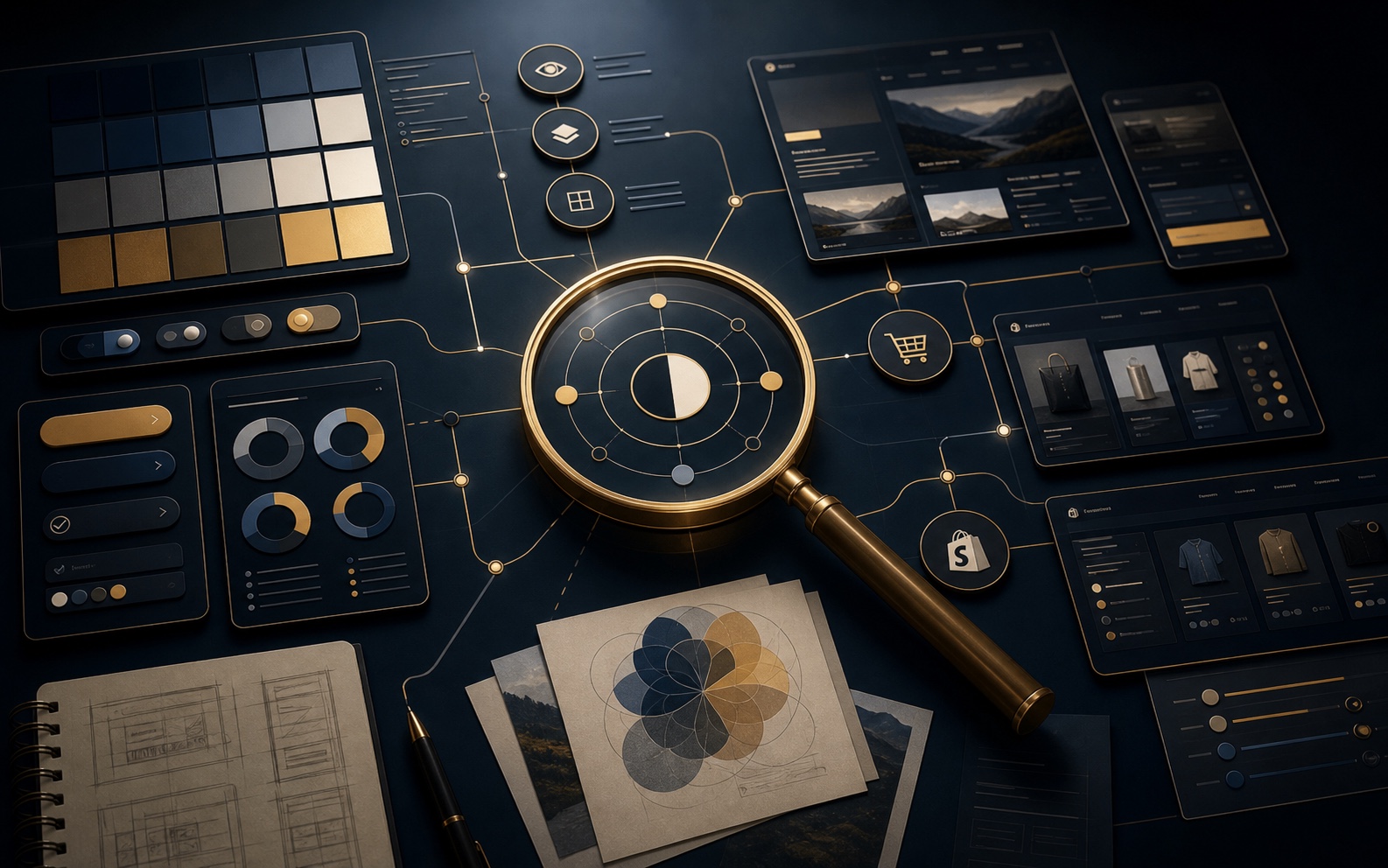 Premium Marketing Atlas diagnostic graph showing color tokens, contrast controls, website panels, ecommerce panels, and a gold diagnostic lens