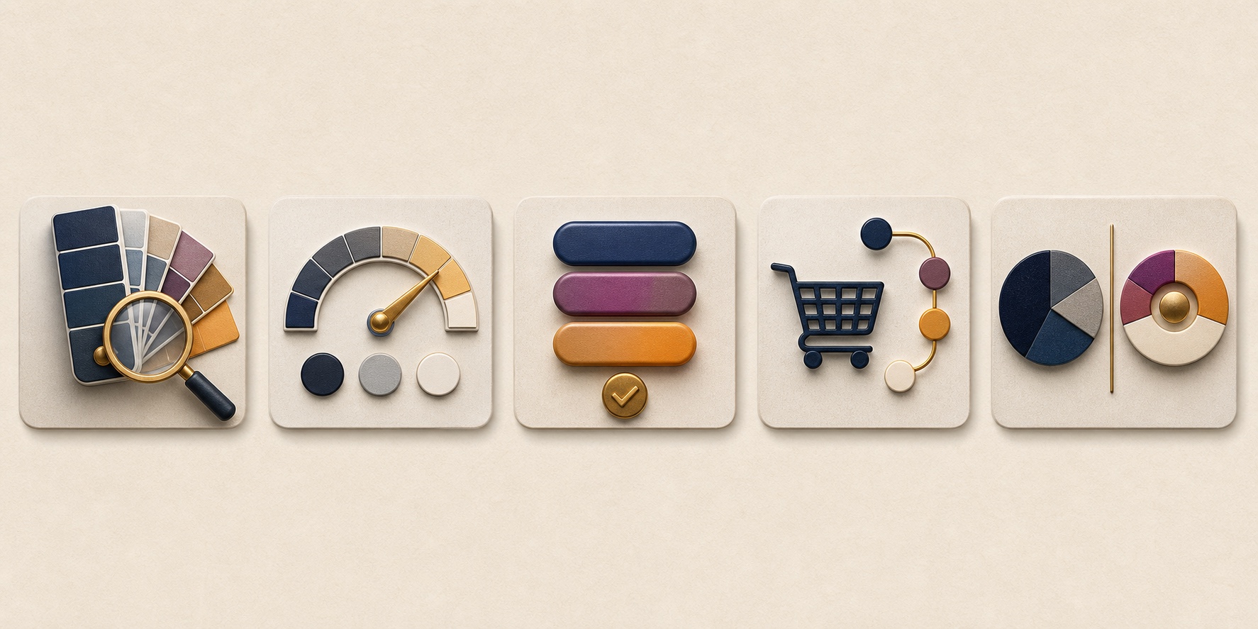 Five premium icons representing palette review, contrast gauge, CTA discipline, ecommerce cart color path, and brand versus conversion palette