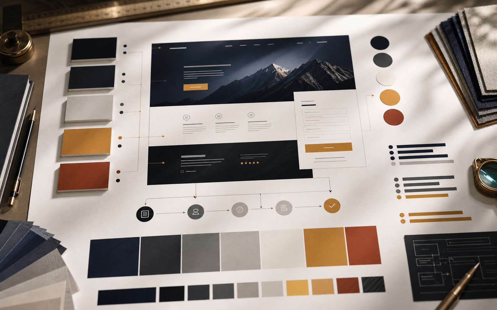 Premium landing page color system board with action color, contrast chips, form path, and restrained palette