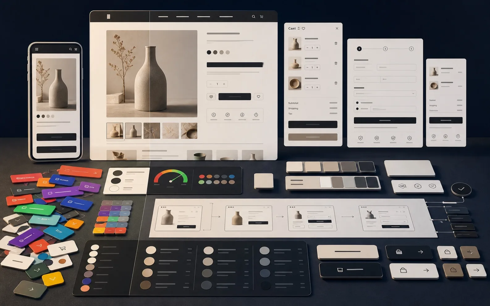 Premium ecommerce diagnostic board showing product page, cart drawer, checkout cards, and color-system controls