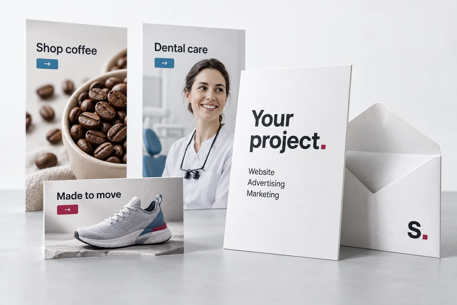Illustrative marketing work: coffee and dental websites, an ad and a project brief.