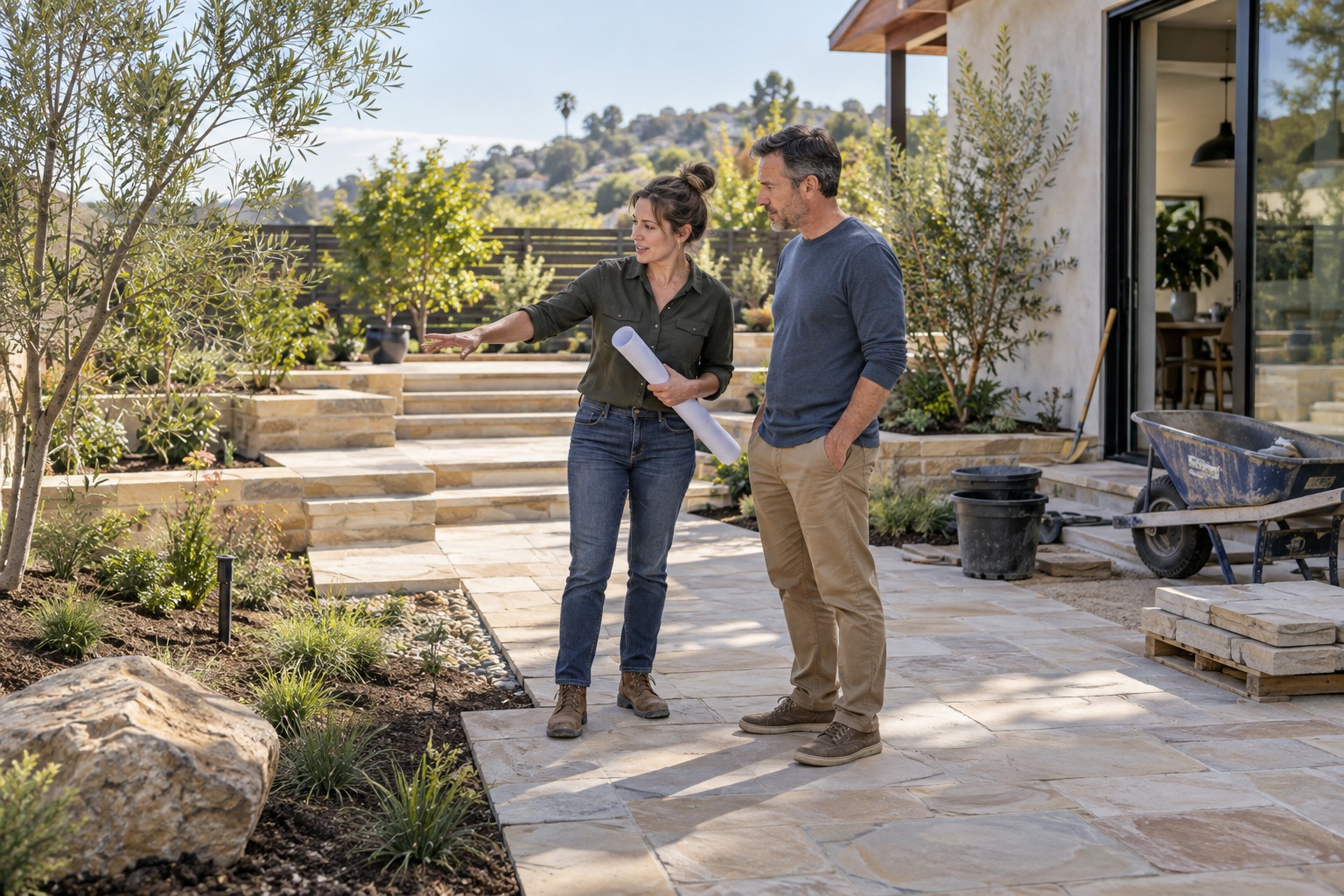 Illustrative landscape designer discussing a backyard patio project with a homeowner.