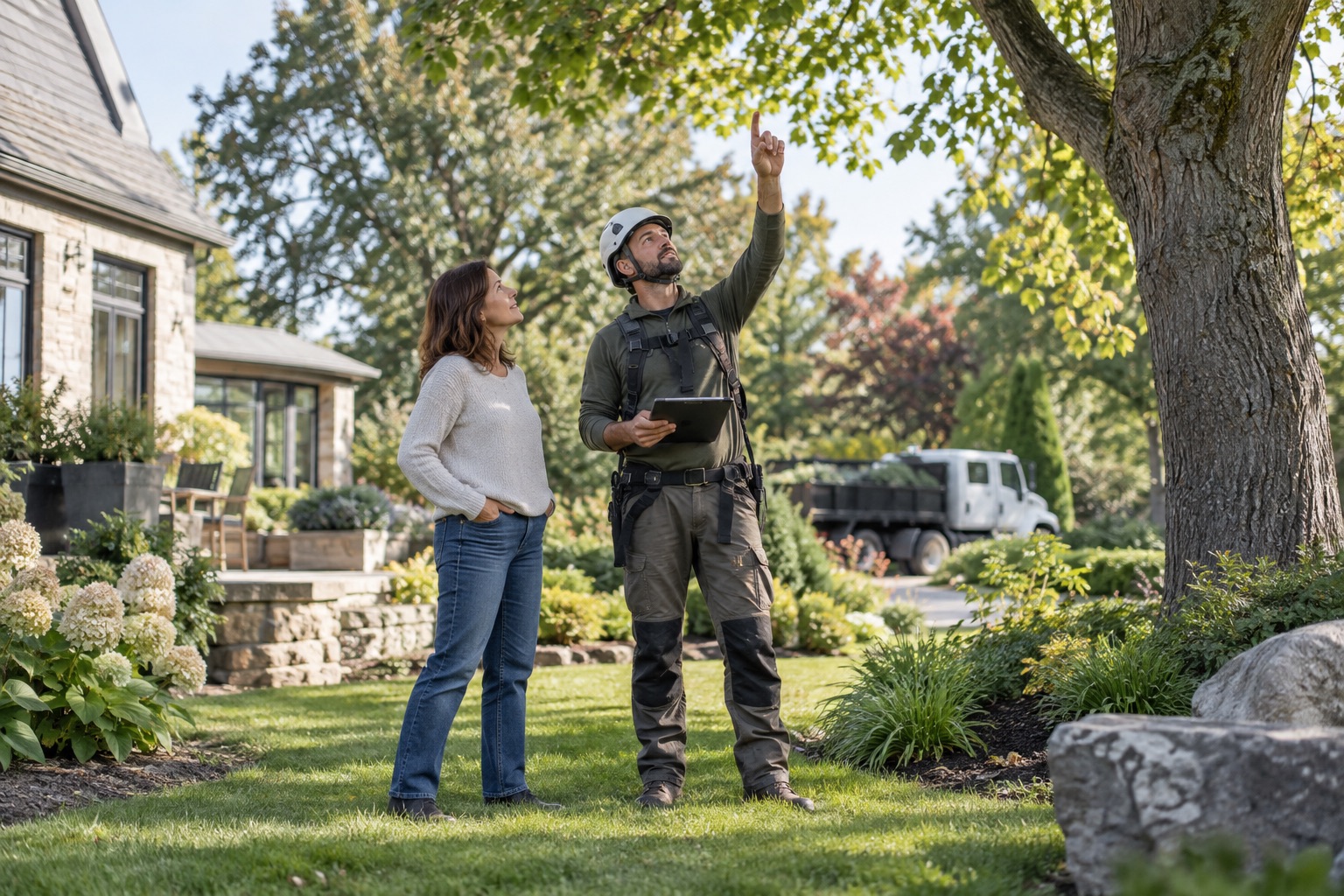 Illustrative tree service estimator talking with a homeowner beside a mature tree.