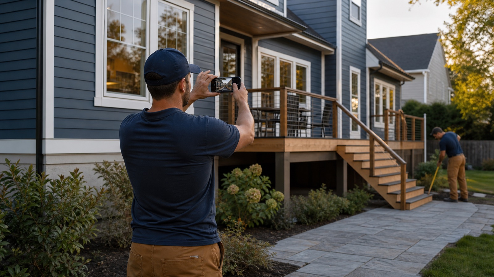 Contractor photographing a completed residential project for the website and local business profile
