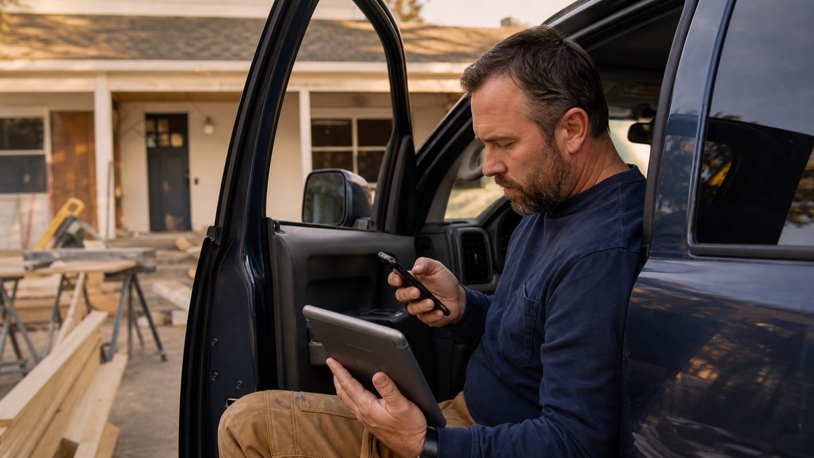 Contractor following up on an estimate request by phone and tablet from a parked work truck