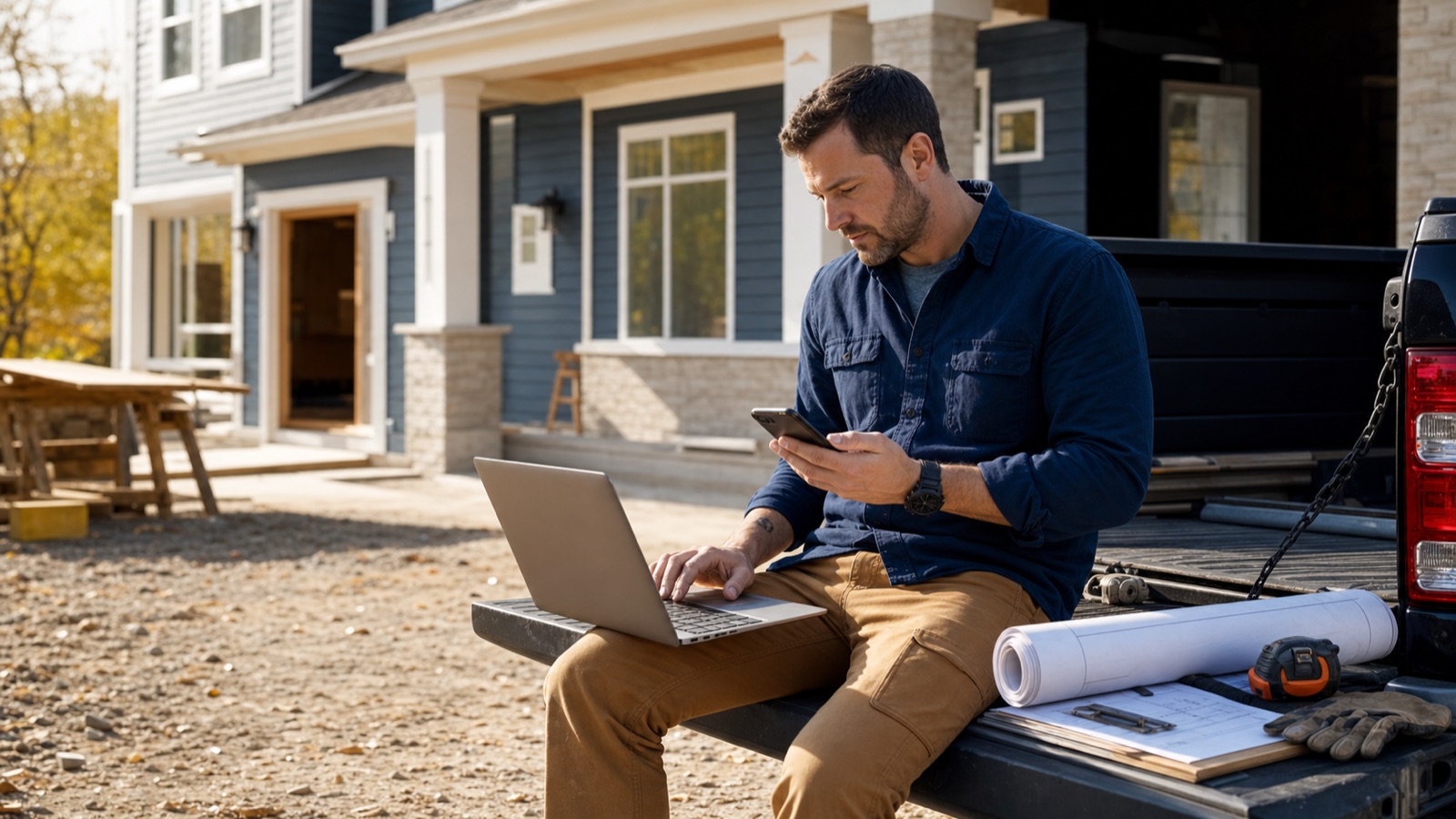 Contractor reviewing website leads on a laptop and phone at a jobsite