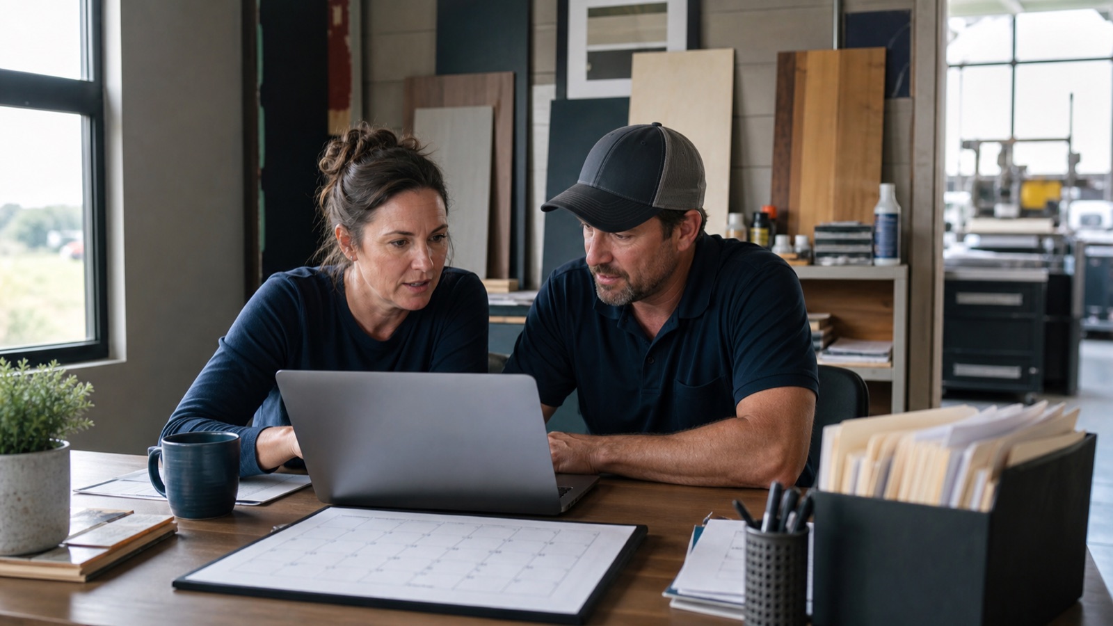 Contractor and office manager reviewing website leads and calls together