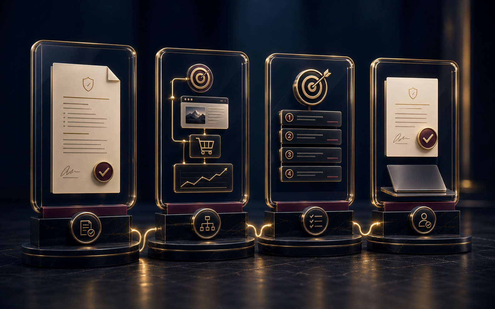 Four premium 3D frames showing written diagnostic, full sales path, fix order, and buyer decision