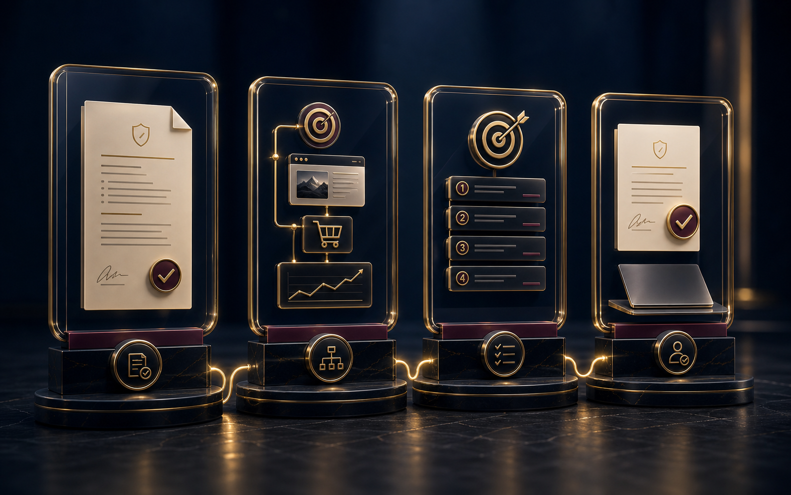 Four premium 3D frames showing written diagnostic, full sales path, fix order, and buyer decision