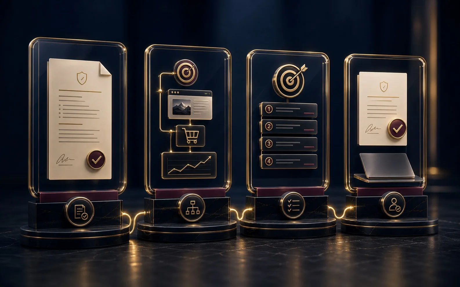Four premium 3D frames showing written diagnostic, full buyer path, fix order, and buyer decision