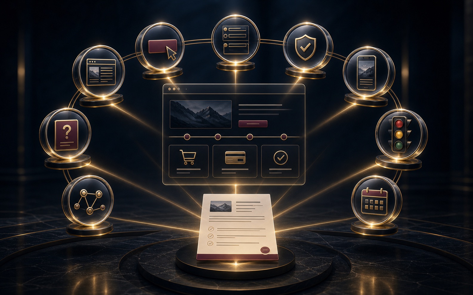 Nine premium diagnostic lenses around a website store and sales path