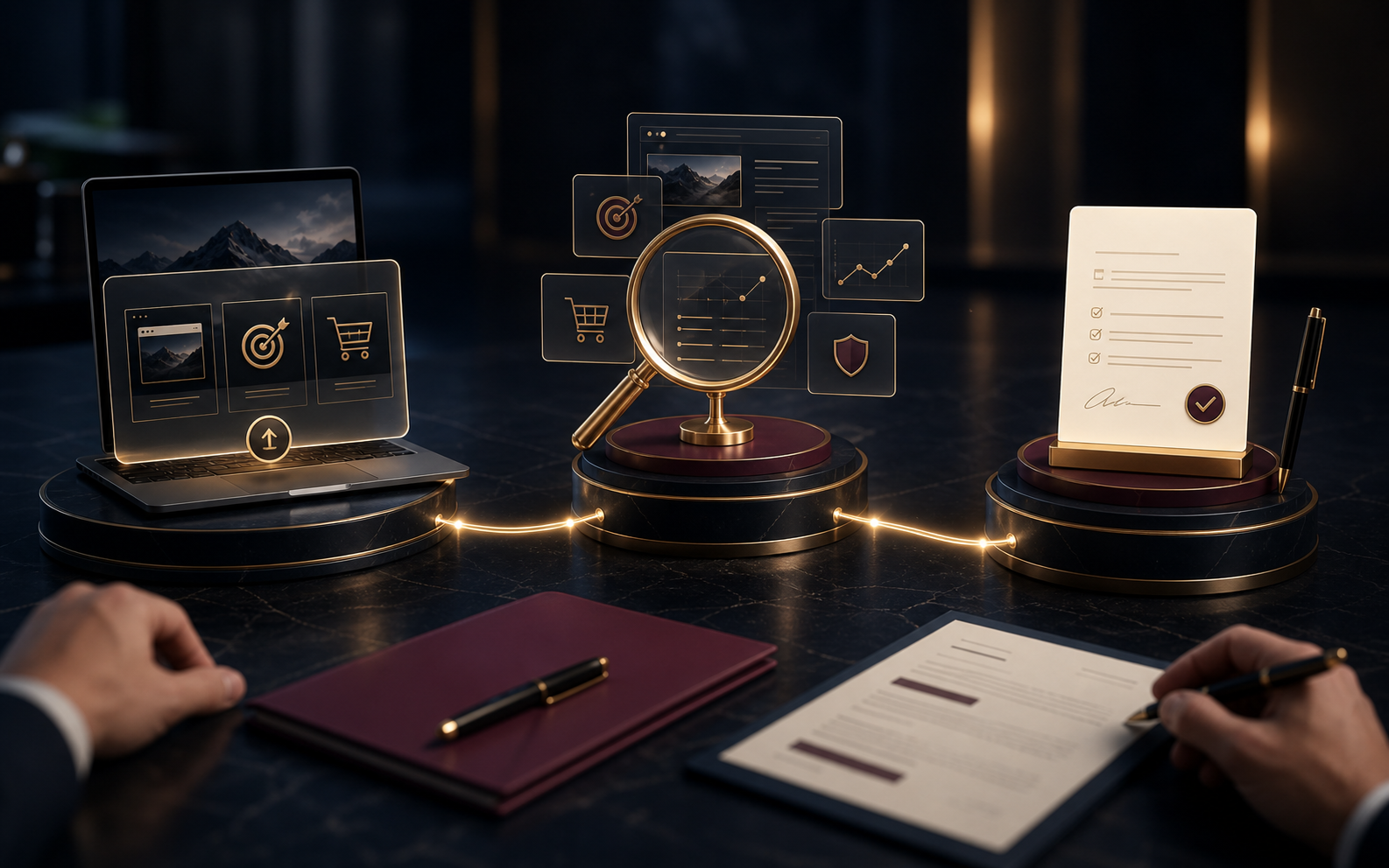 Three premium 3D stations showing submit evidence outside review and written decision