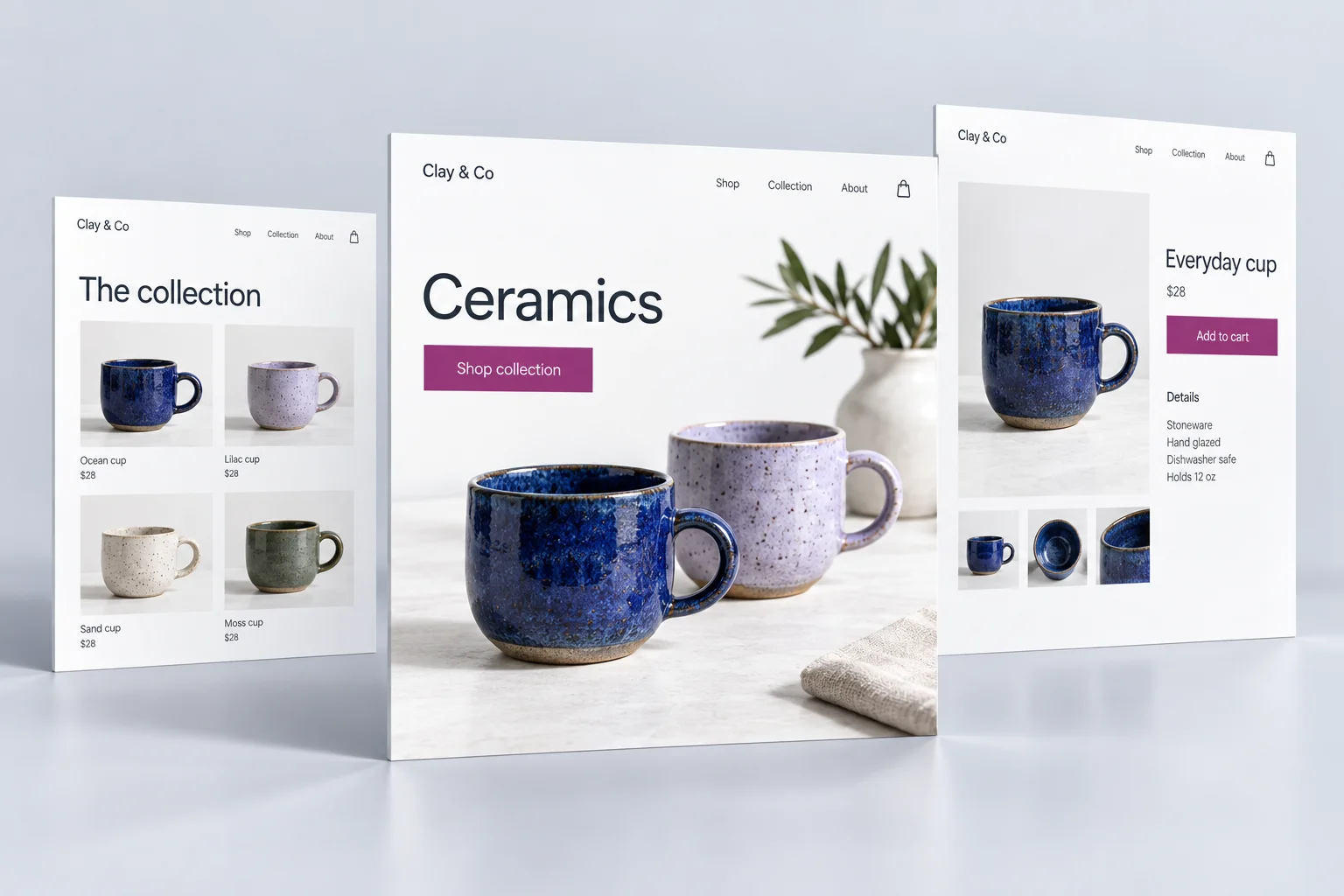 Illustrative ceramics store shown as layered collection and product pages, with a clear Add to cart action.