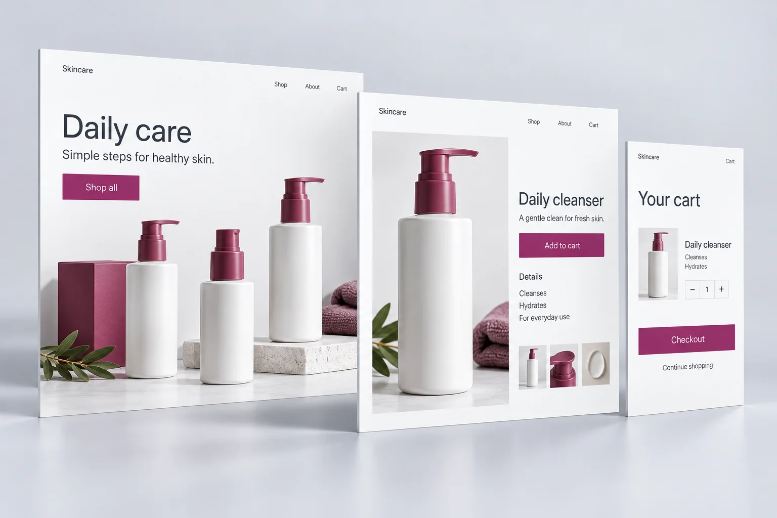 Illustrative skincare store: a product collection, a cleanser product page with details, and a mobile cart with Checkout.