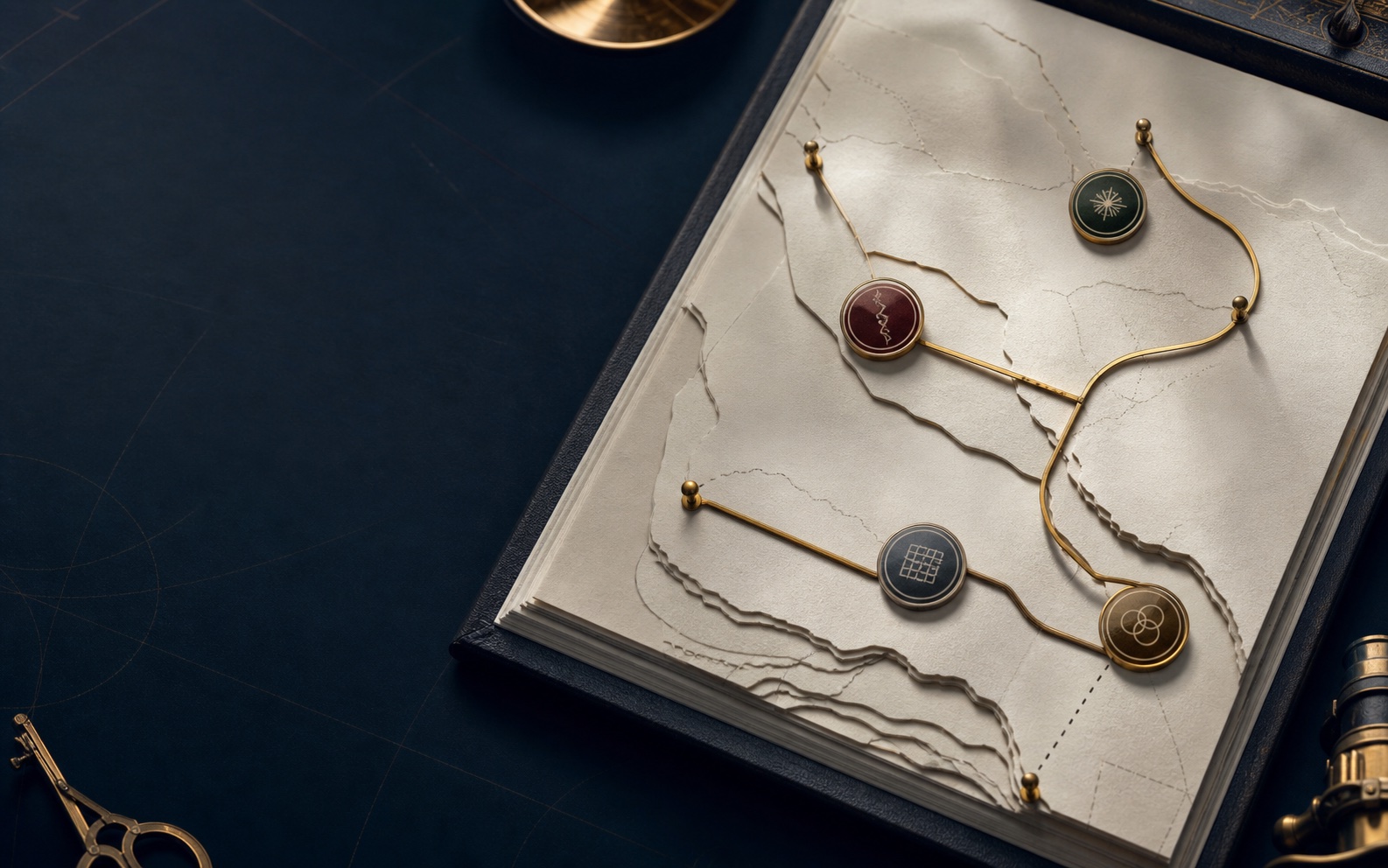Premium atlas map with brass pins and a gold route line for effort return fit
