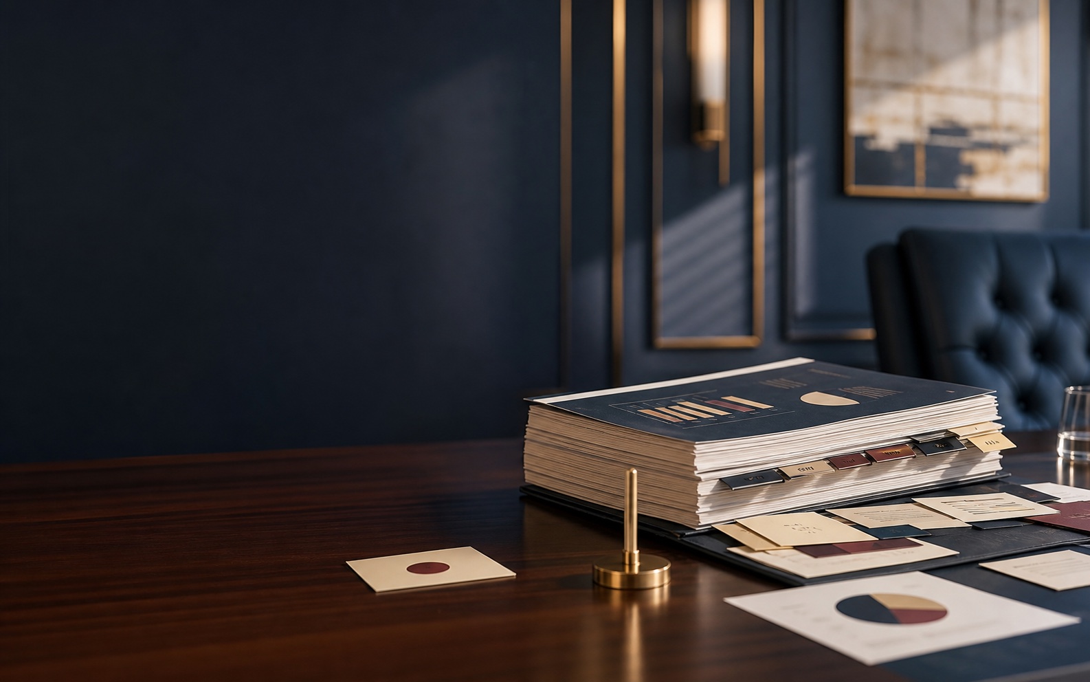 Executive report stack on a boardroom table with one separated decision marker
