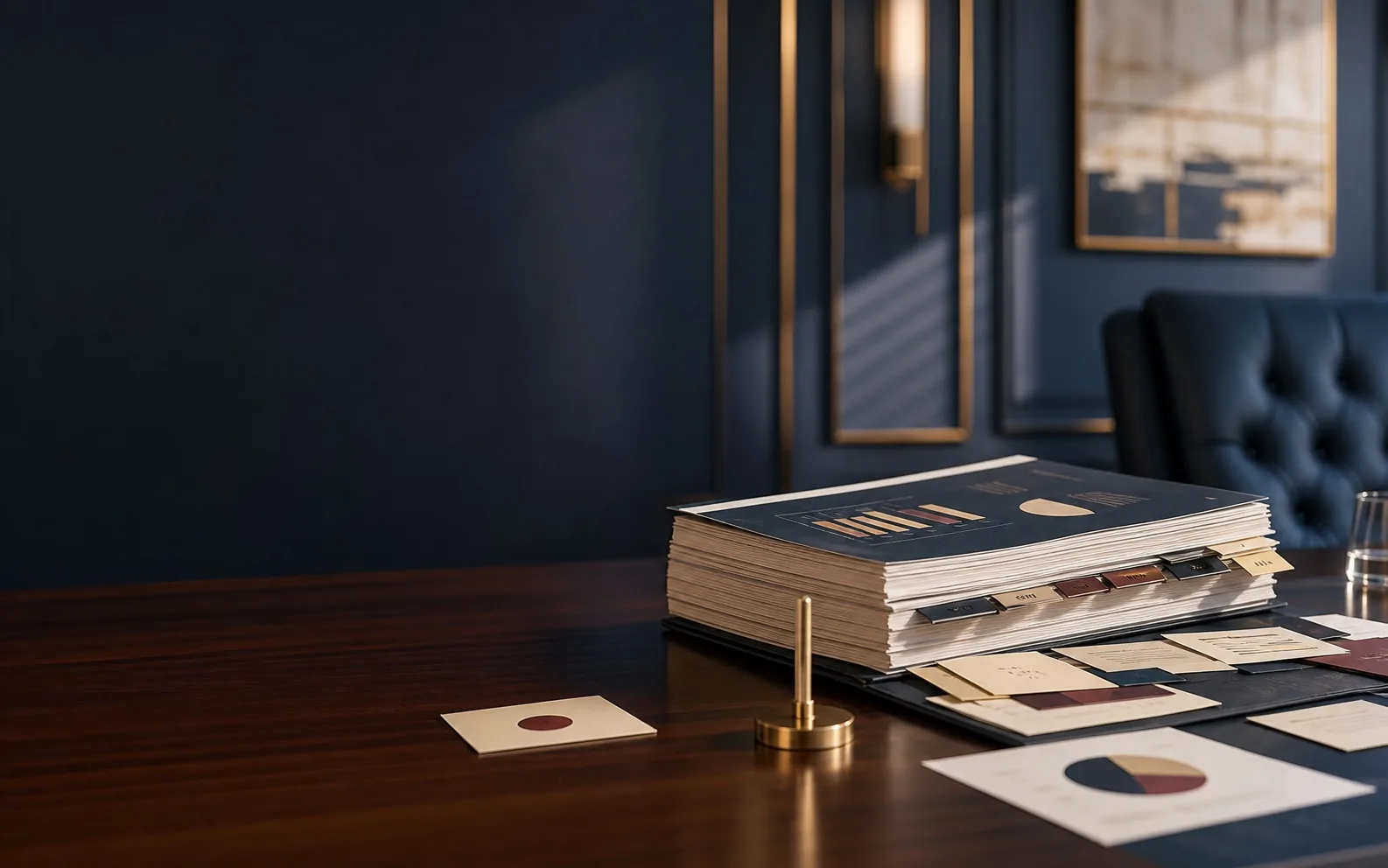 Executive report stack on a boardroom table with one separated decision marker