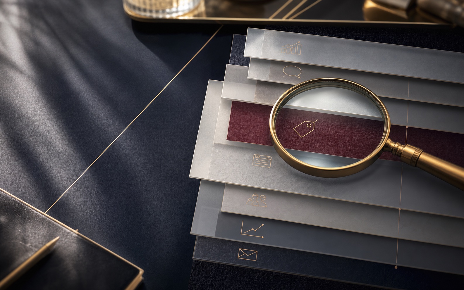 Layered diagnostic sheets under a brass lens showing the marketing layer beneath the symptom