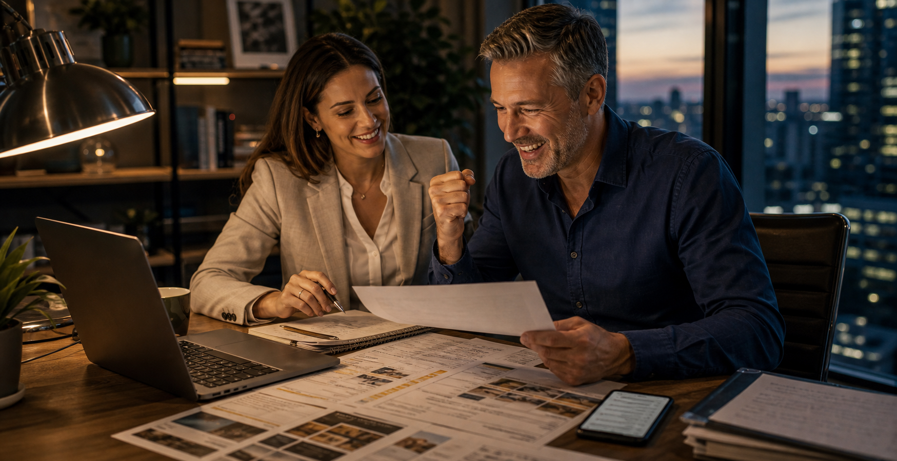 Generated business scene showing an owner and strategist reviewing qualified buyer inquiries after AI marketing work is controlled