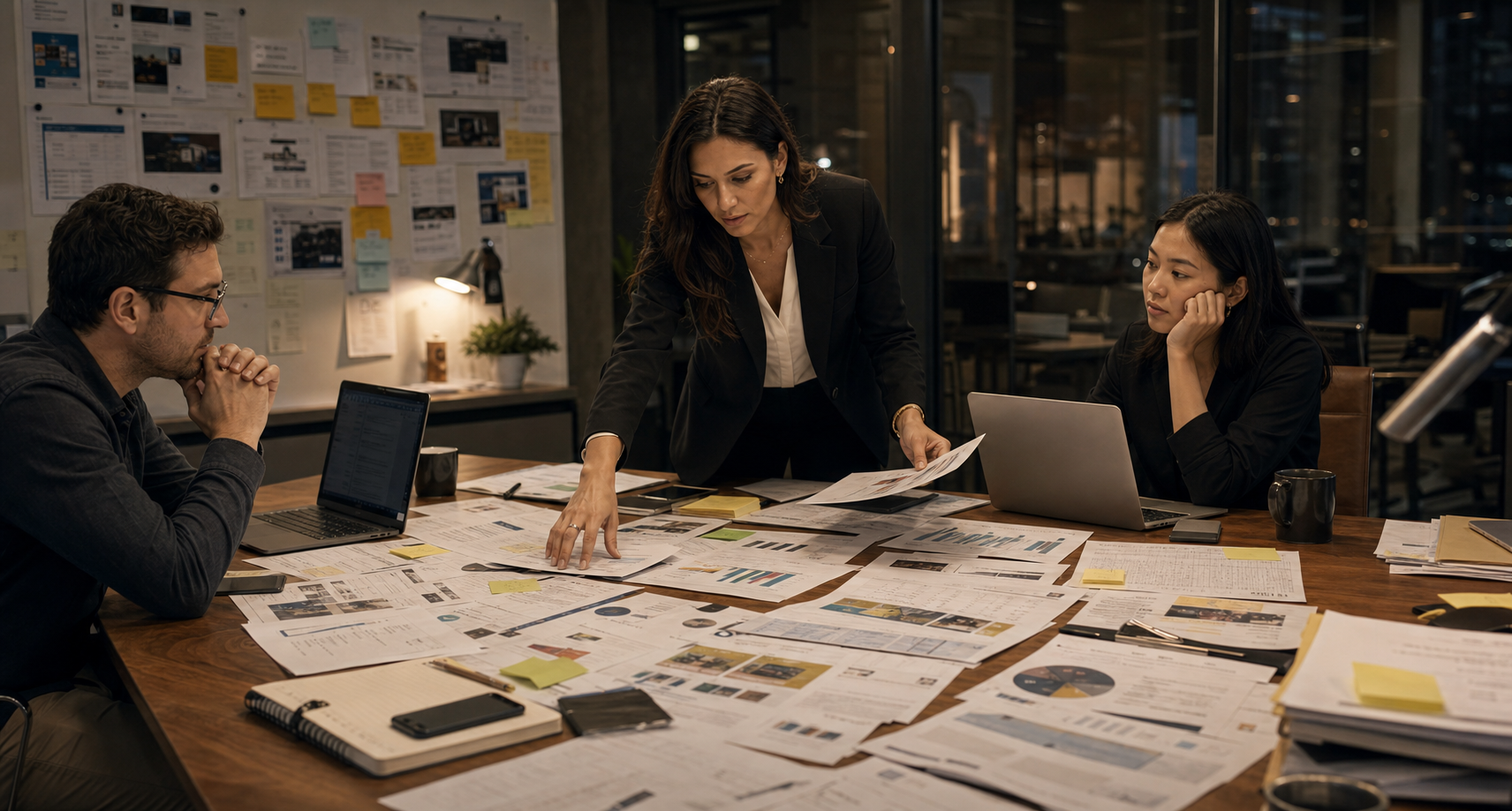 Generated conference table scene showing a team reviewing inconsistent AI-assisted marketing output