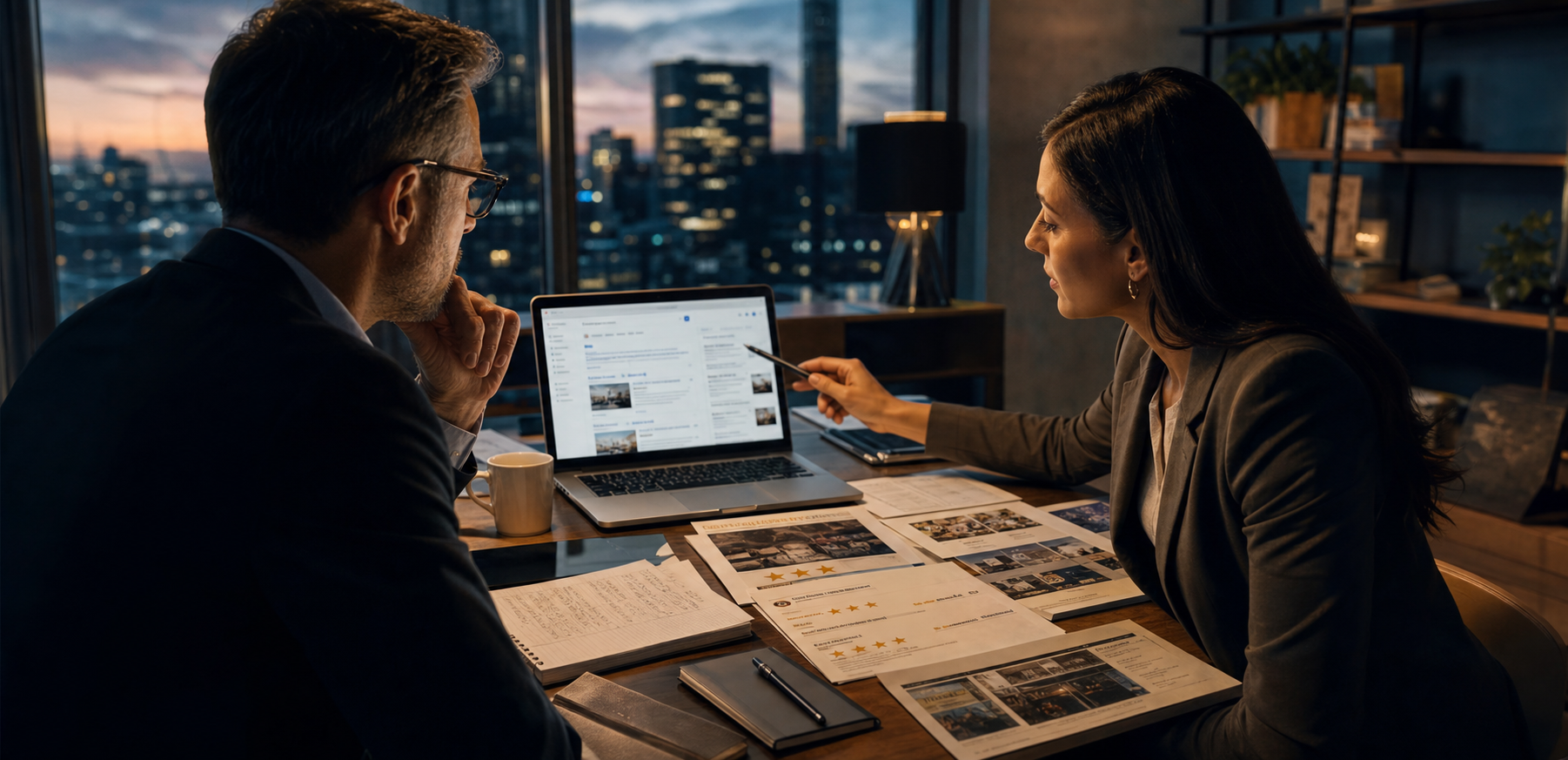 Generated business scene showing a strategist and business owner reviewing AI search visibility, public proof, and buyer path evidence