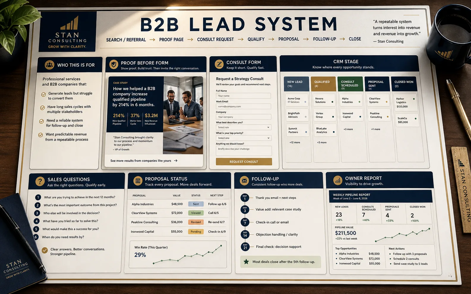 High-end generated B2B lead system visual showing search and referral traffic to proof page, consult request, qualification, proposal, follow-up, CRM stage, sales questions, and owner report
