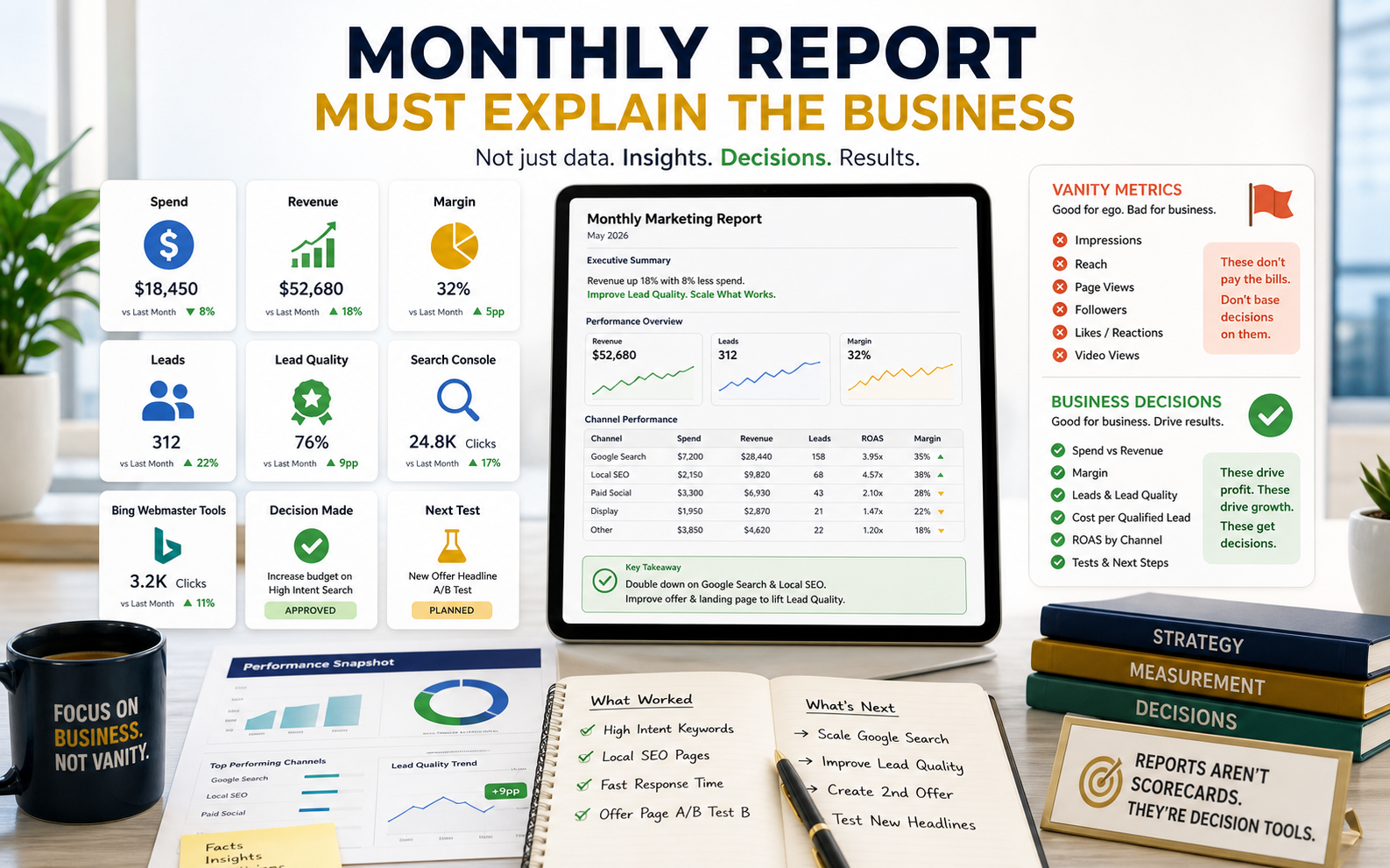 Generated bright monthly marketing summary visual showing spend, revenue, margin, leads, lead quality, Search Console, Bing Webmaster Tools, decision made, and next test