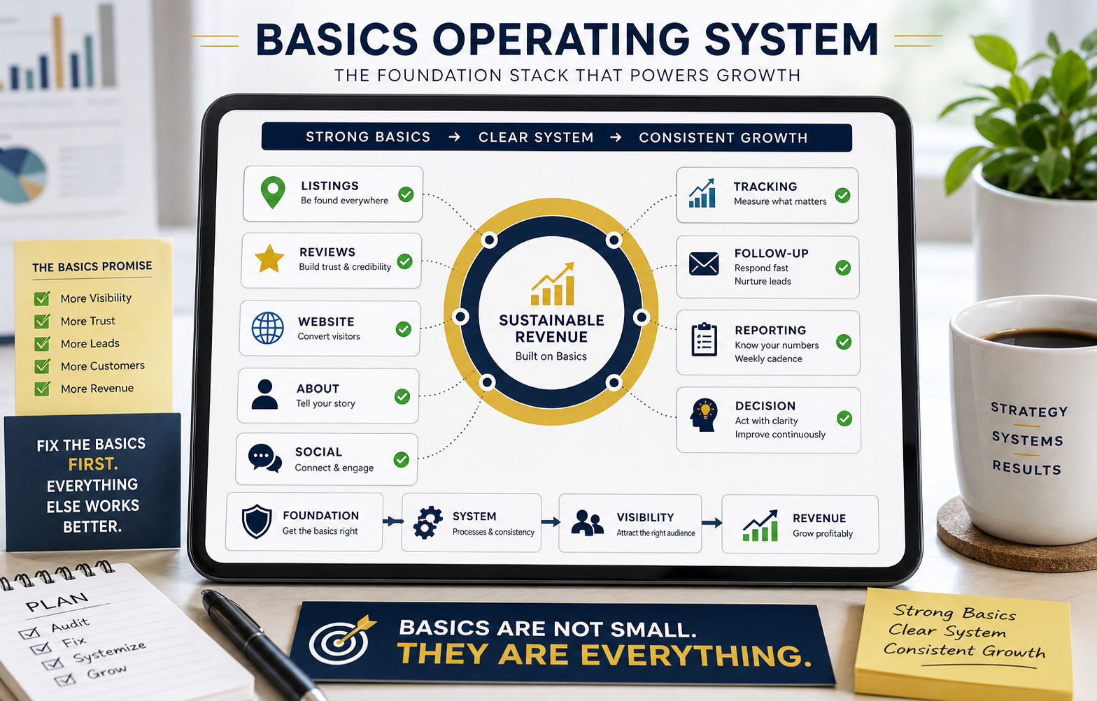 Generated bright basics operating system visual showing listings, reviews, website, about page, social, tracking, follow-up, tracking, and decision layers