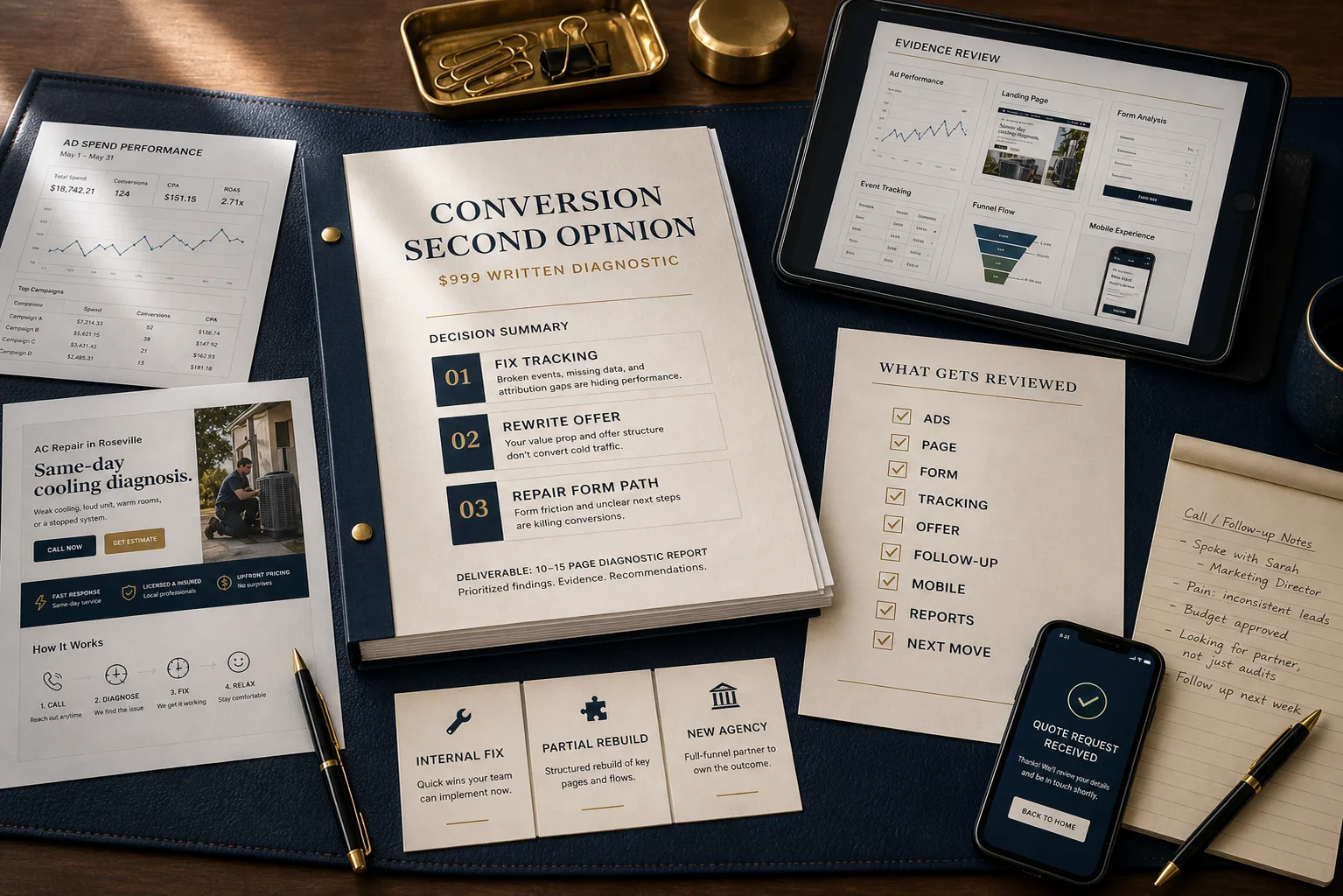 Written marketing audit visual showing ad evidence, landing page evidence, tracking checklist, offer marketing audit, follow-up notes, and ranked priorities before an agency decision