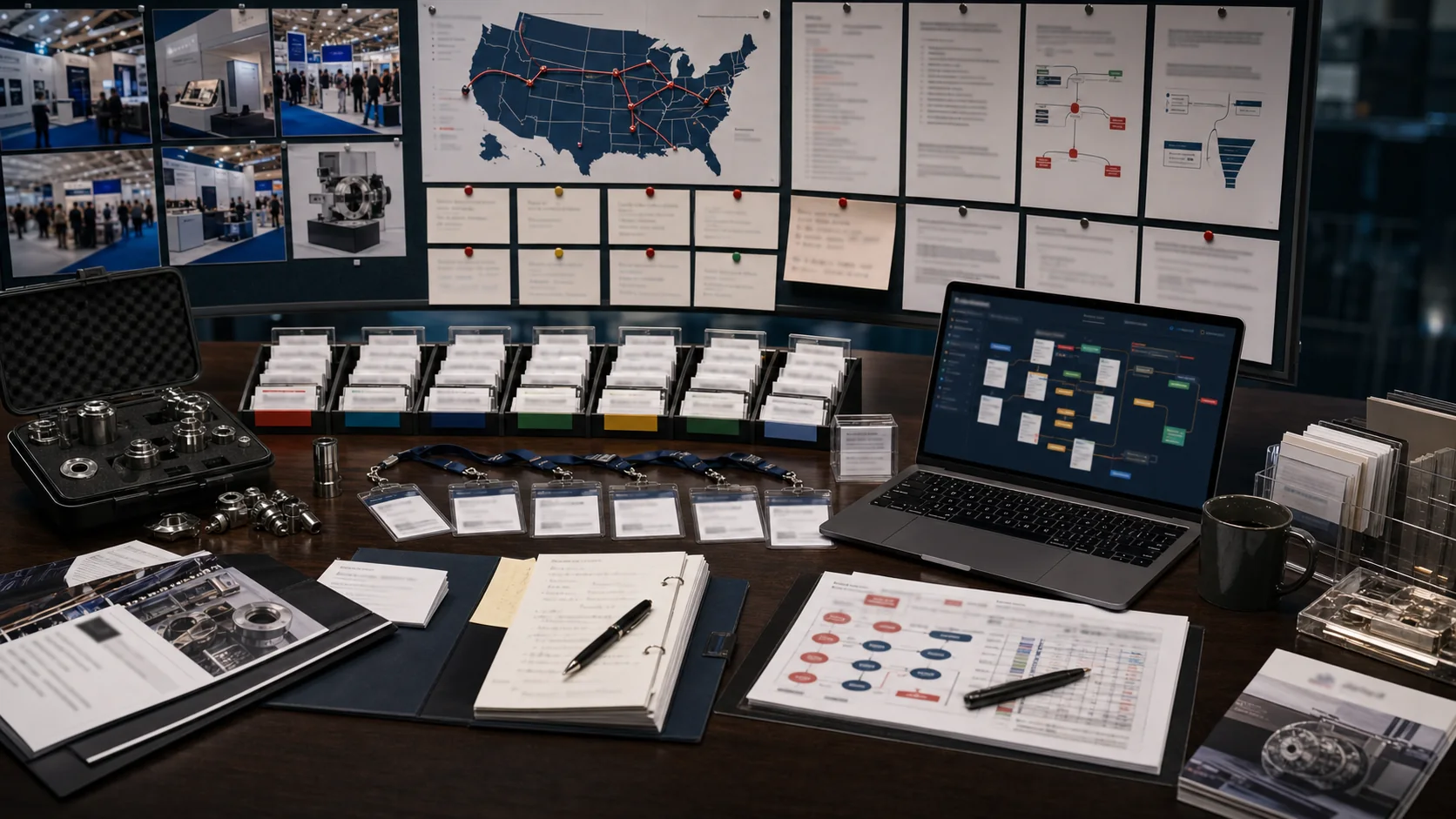High-end AI-generated visual of post-trade-show lead handoff, badge cards, U.S. map, product samples, and follow-up dashboard