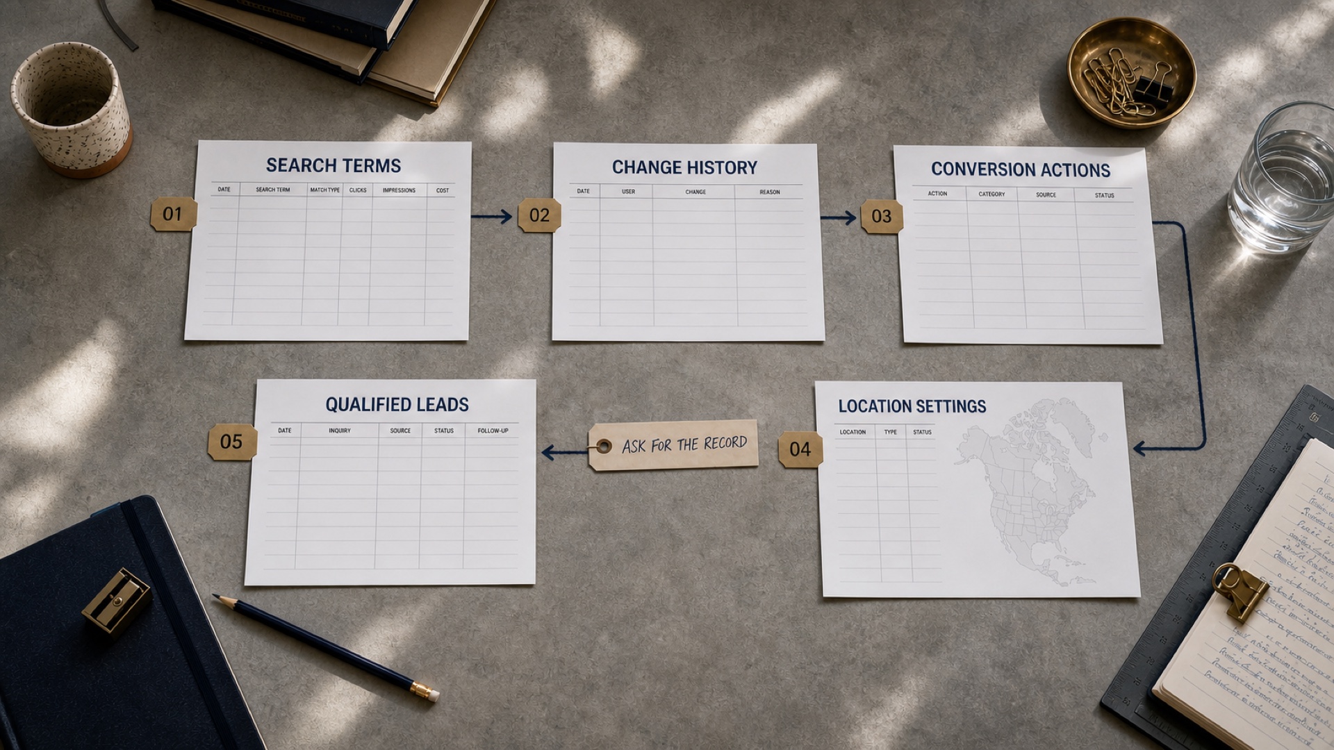 Five blank Google Ads evidence records arranged in a numbered path on a worktable: search terms, change history, conversion actions, location settings, and qualified leads