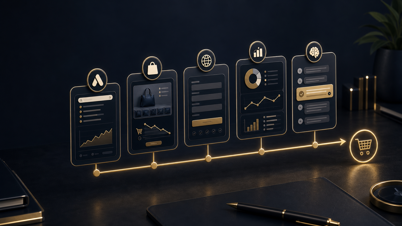 Premium visual showing ads, Shopify, website, tracking, and AI visibility connected to calls, quotes, purchases, and booked work
